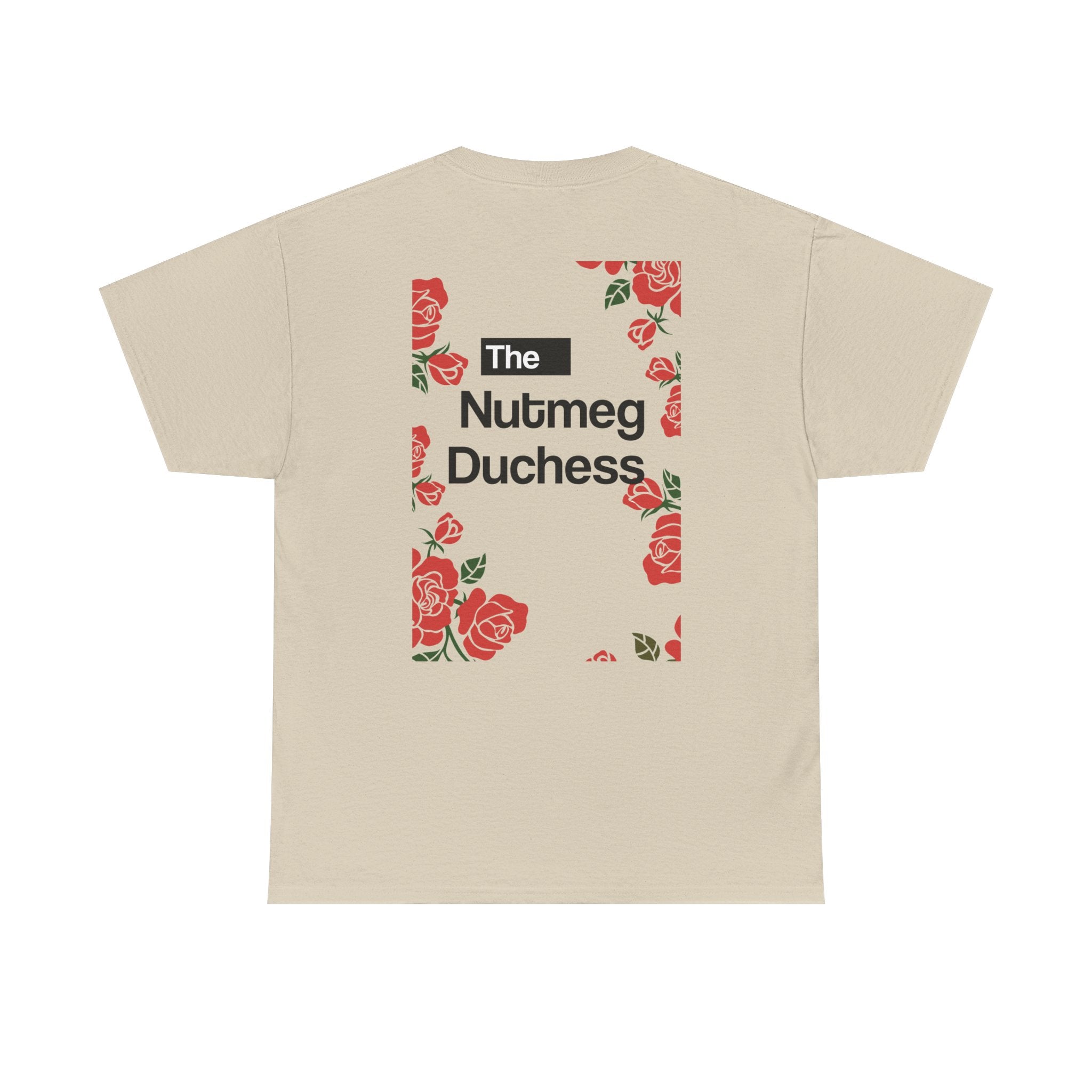 Sand Nutmeg Duchess t-shirt with a framed red rose graphic and vintage soccer street style typography