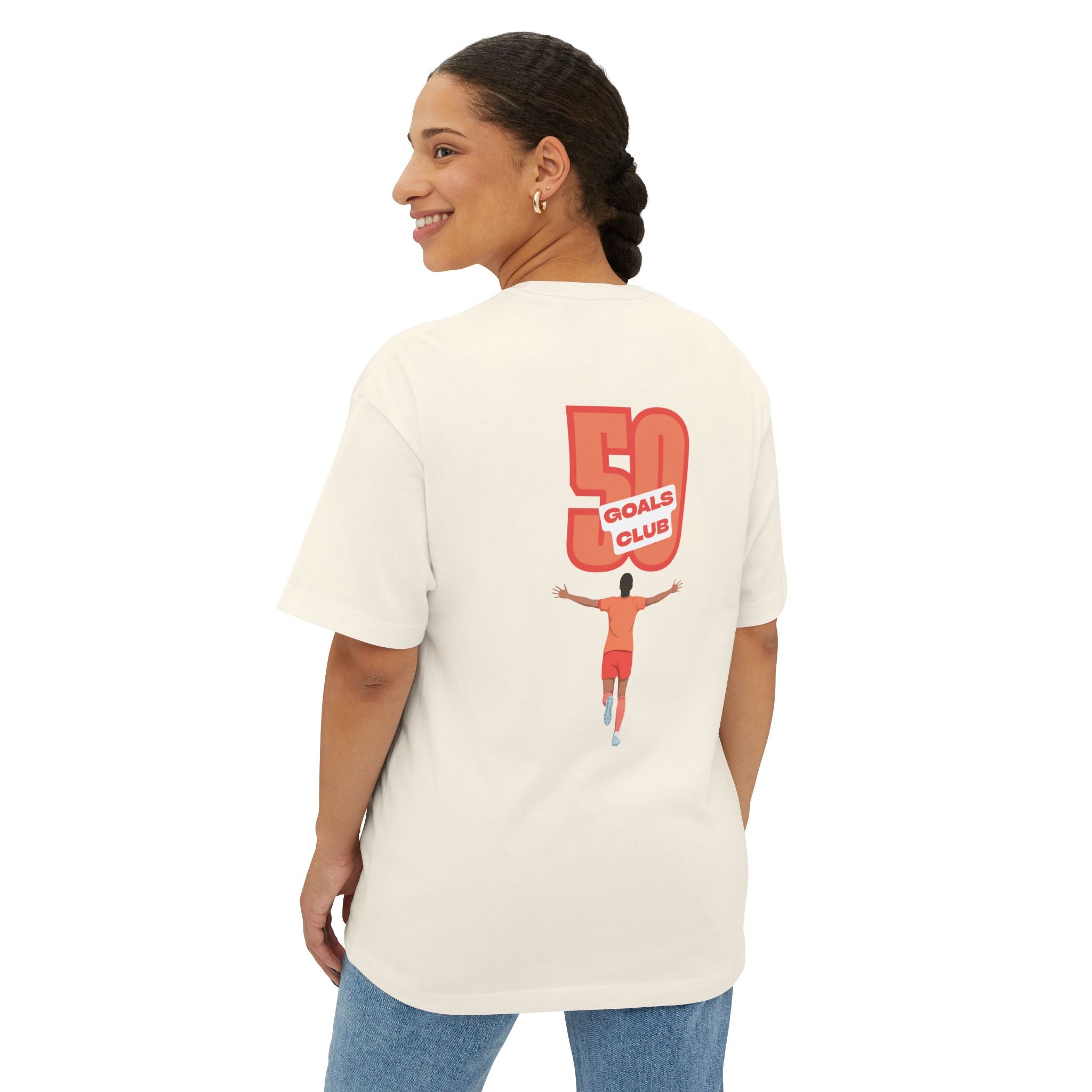 Natural colored 'Elite Company Only' boxy t-shirt featuring a 50 Goals Club graphic print on the back