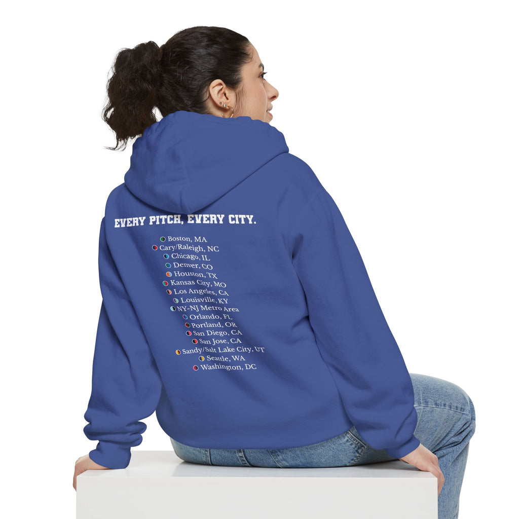 Flo Blue hoodie with chest logo on the front and list of cities on the back