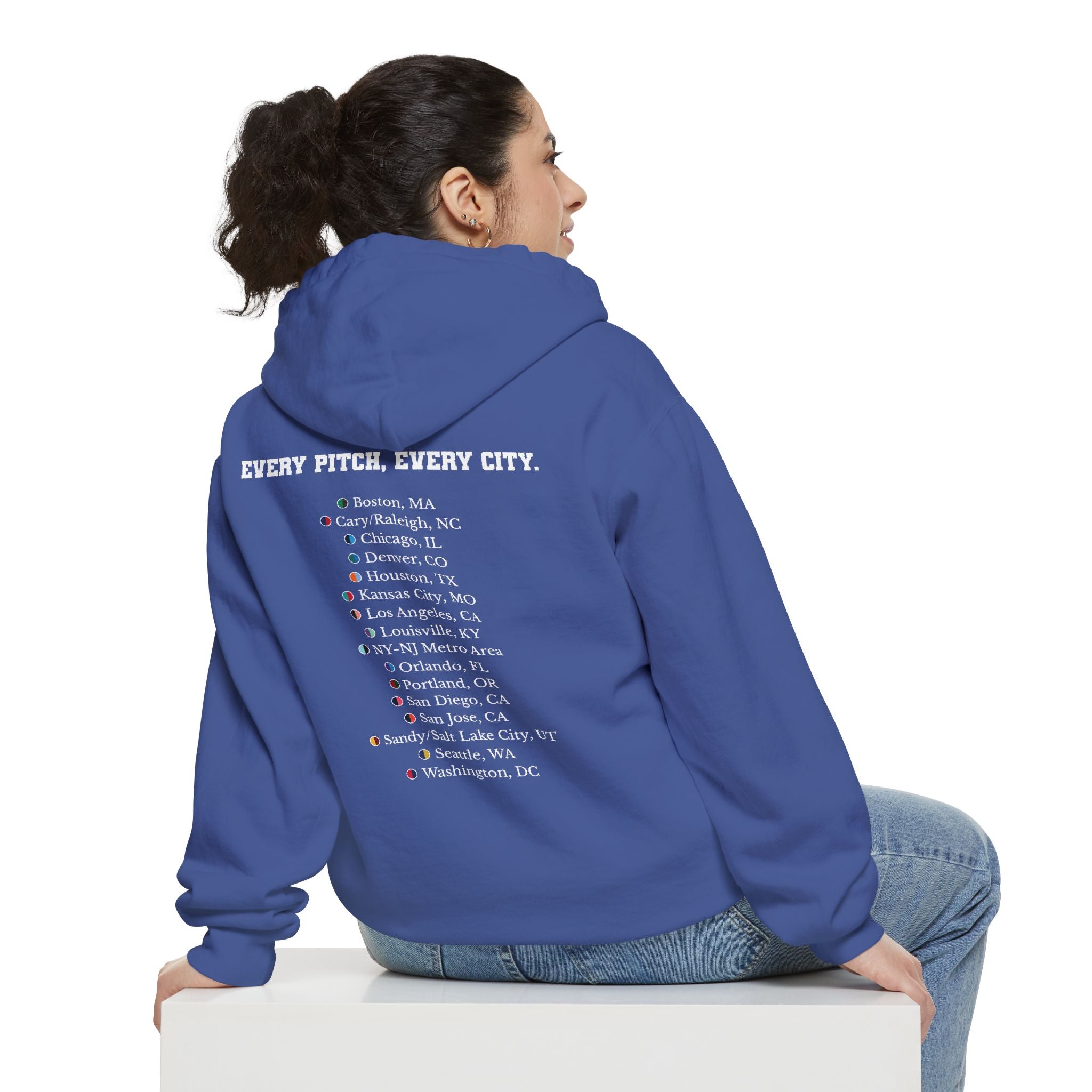 Flo Blue hoodie with chest logo on the front and list of cities on the back