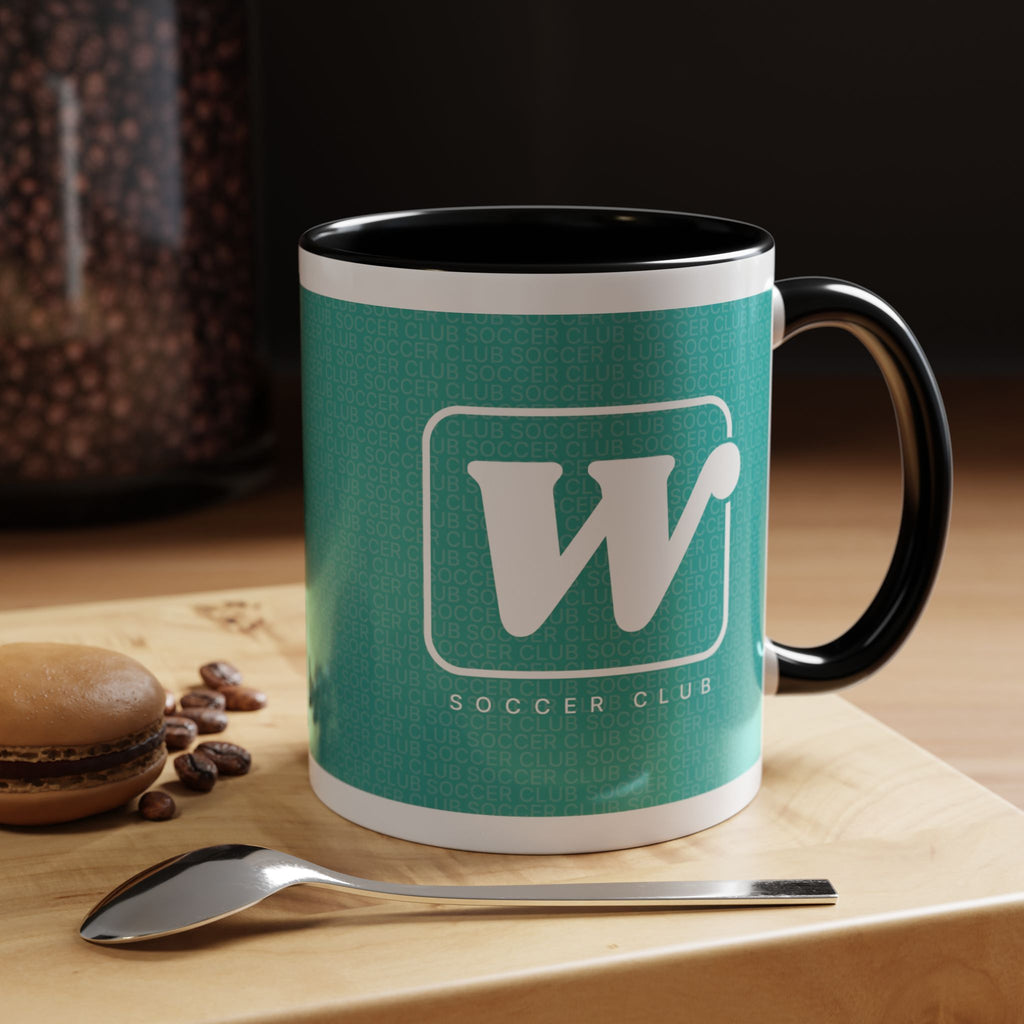 Black W Soccer Club ceramic accent mug, with a teal wraparound soccer club design and the bold 'W' logo 