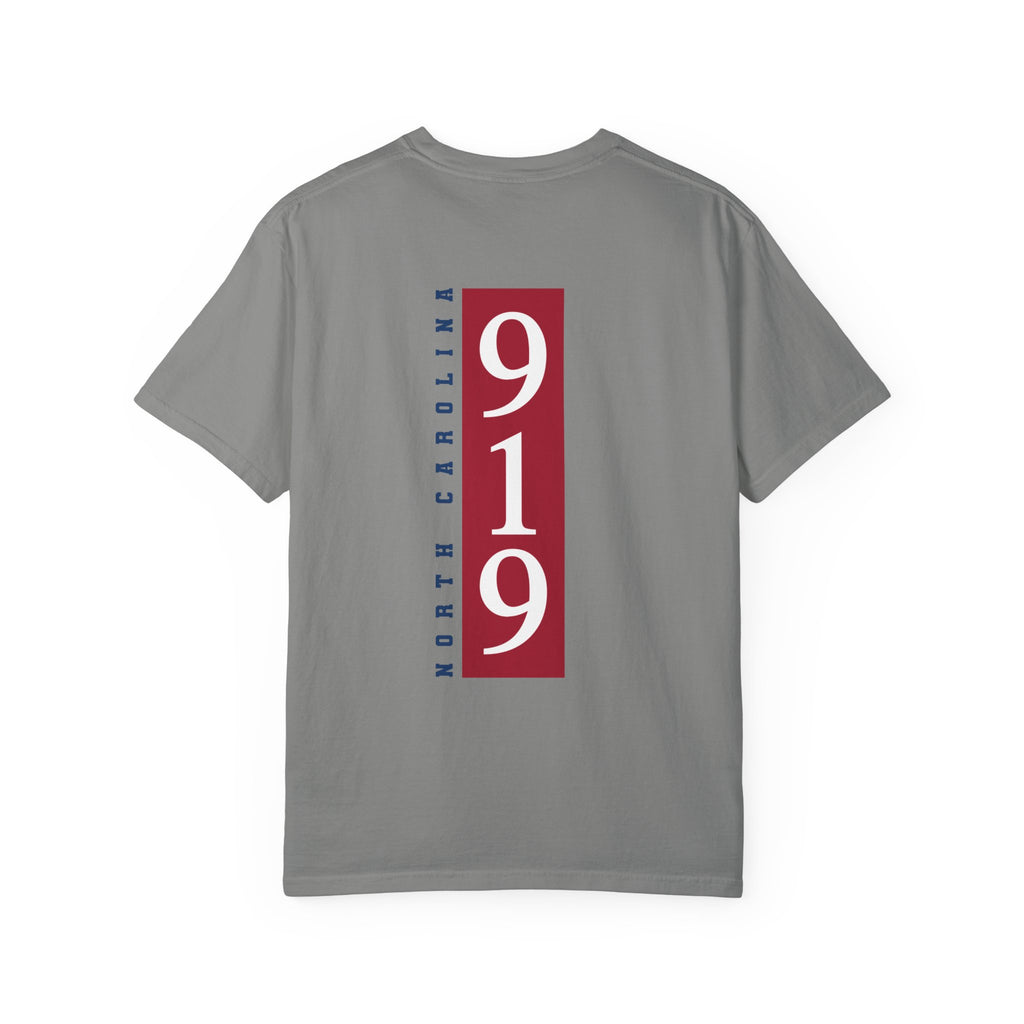 Granite gray t-shirt back view featuring a large vertical red 919 area code graphic with North Carolina script.