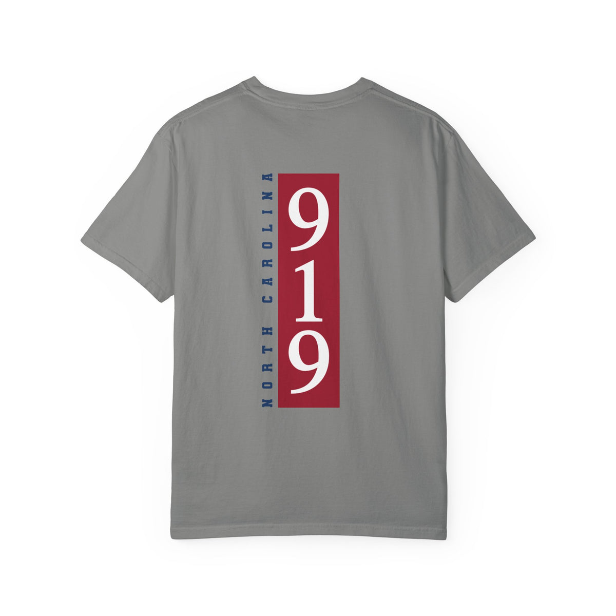 Granite gray t-shirt back view featuring a large vertical red 919 area code graphic with North Carolina script.