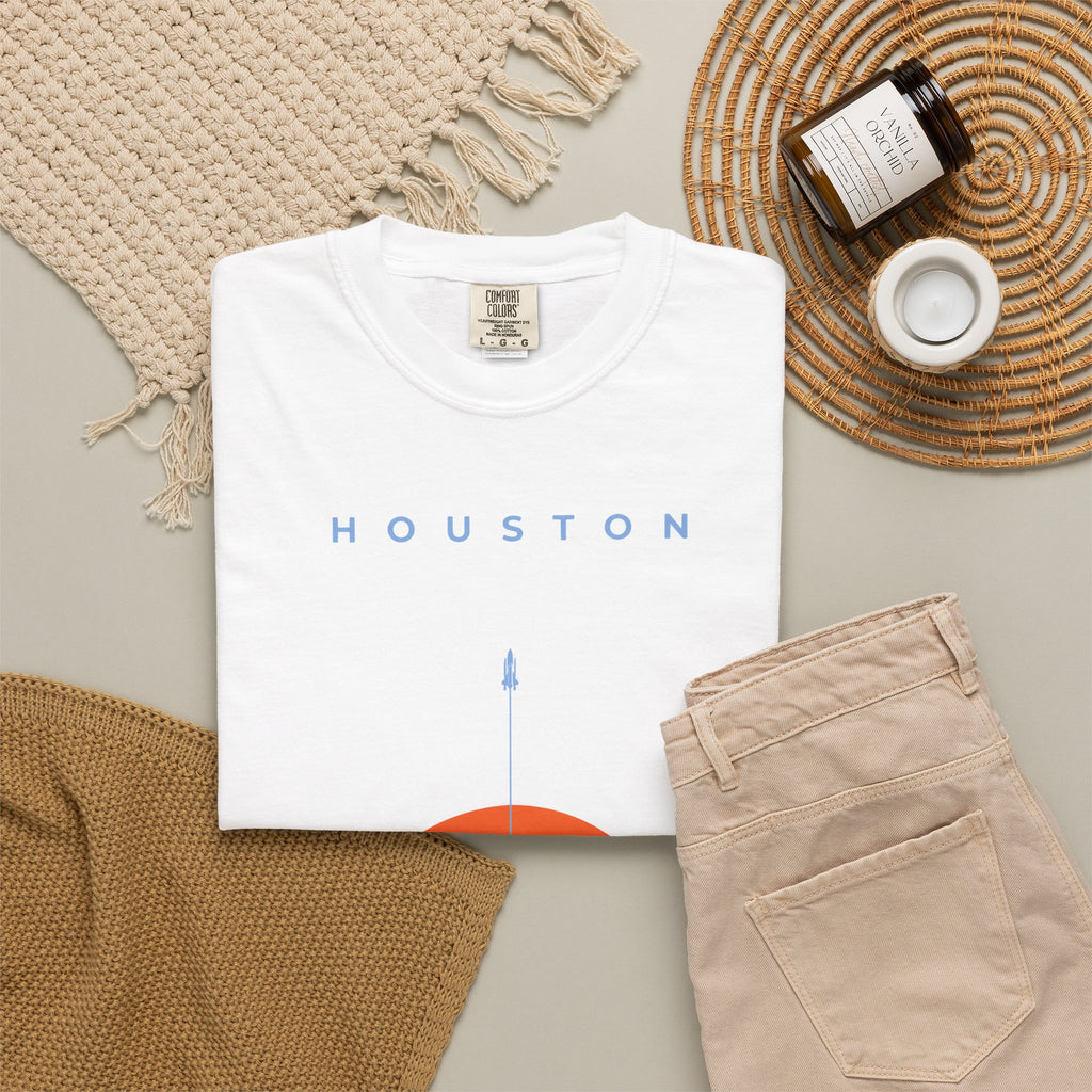 White front detail of retro Houston soccer shirt featuring minimalist sunset graphic
