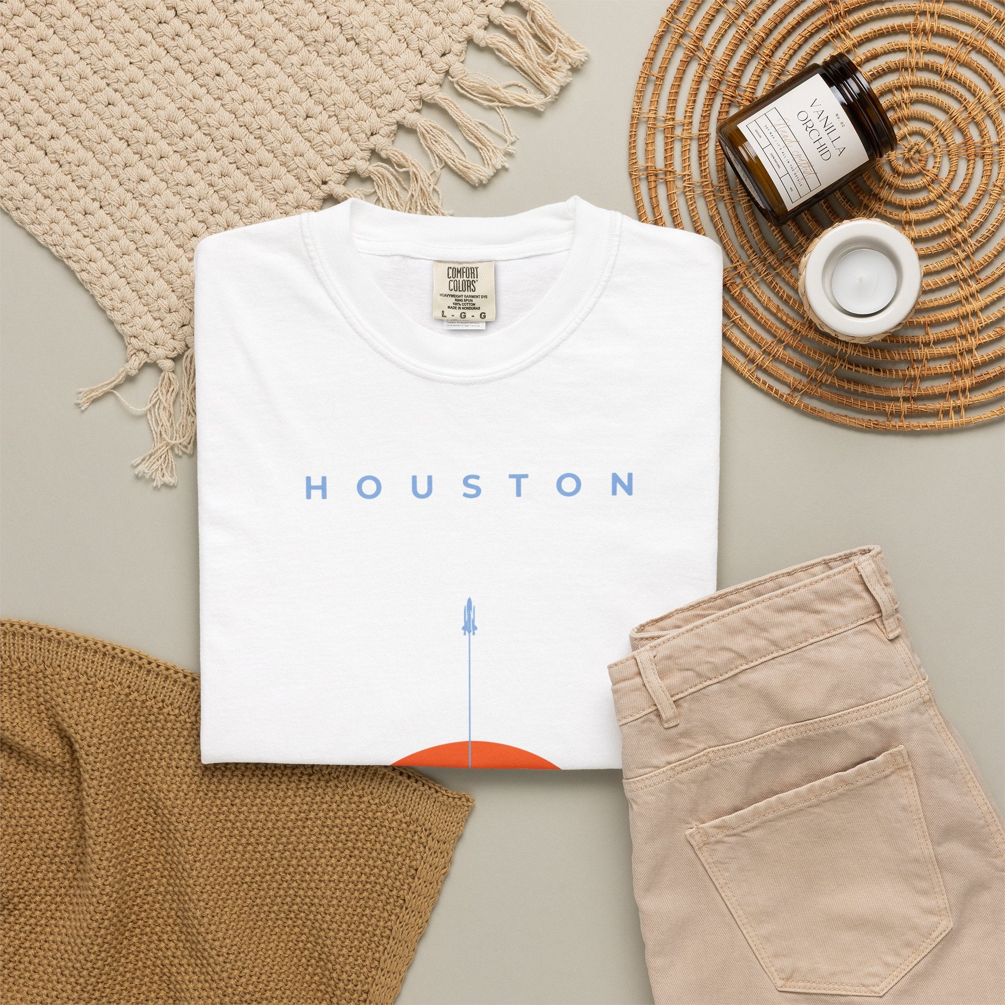 White front detail of retro Houston soccer shirt featuring minimalist sunset graphic