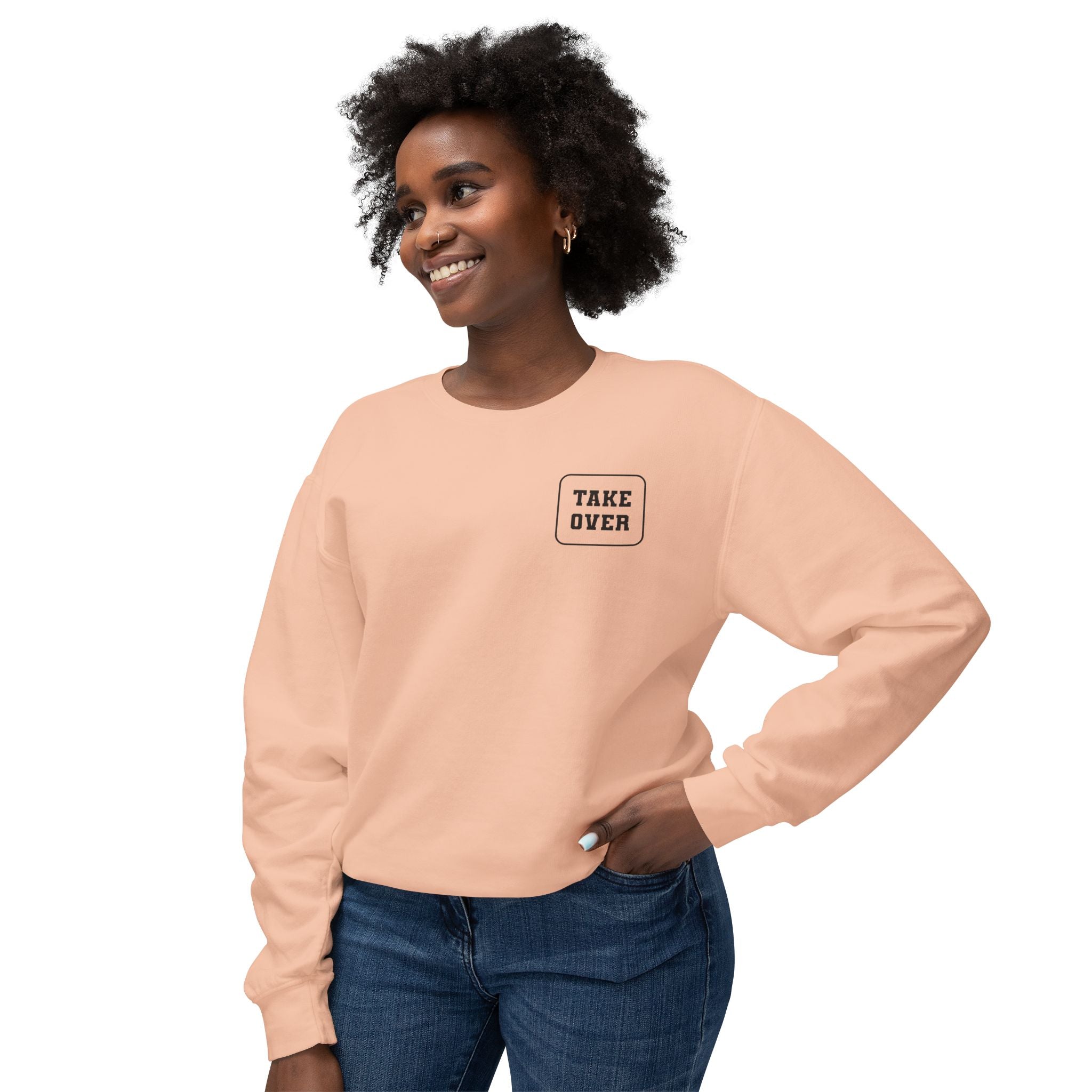 Peachy sweatshirt with Take Over chest logo on the front and cities list on the back