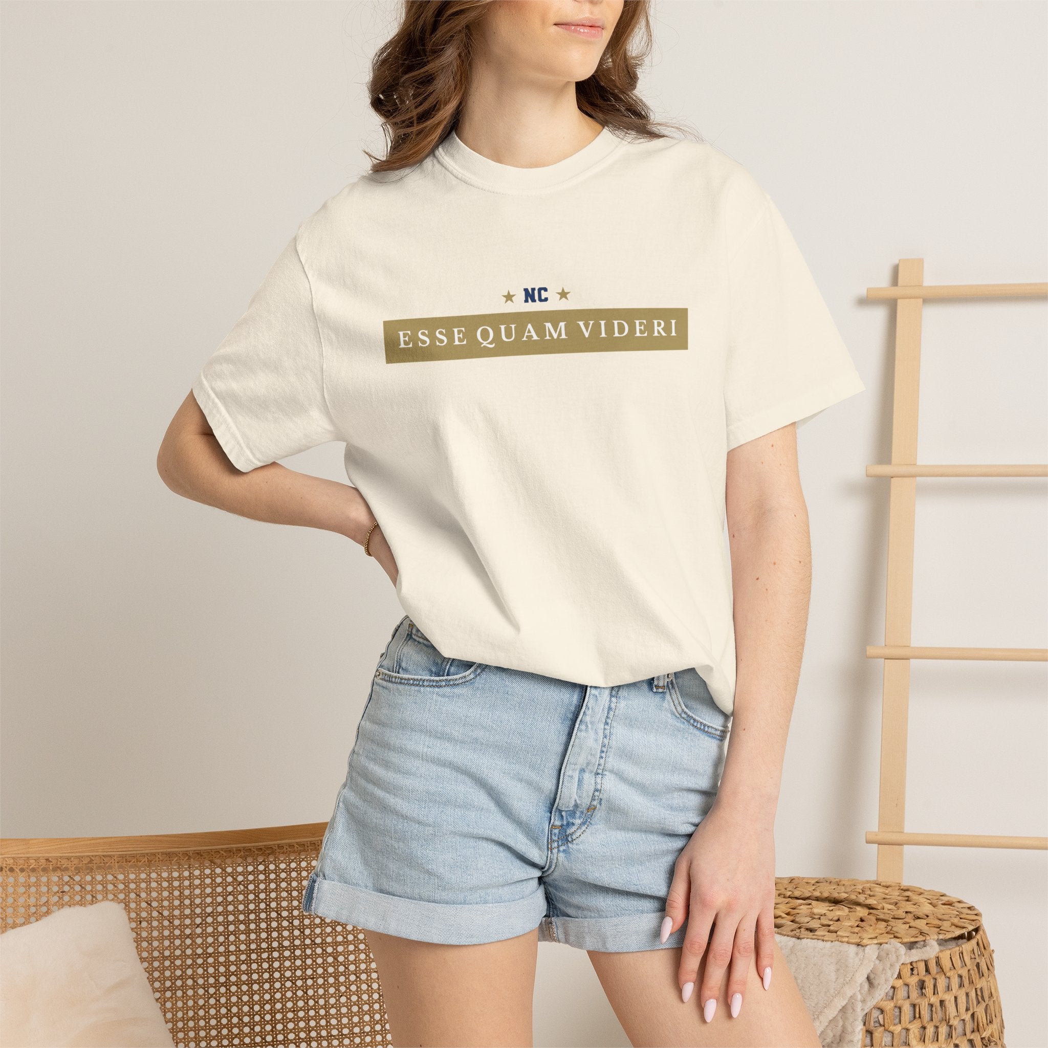 Ivory short-sleeve garment-dyed t-shirt front view with collegiate 'ESSE QUAM VIDERI' chest graphic.