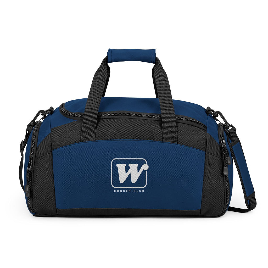 Navy WSC branded athletic duffle bag featuring a large white logo print, separate ventilated shoe compartment, and water-resistant fabric