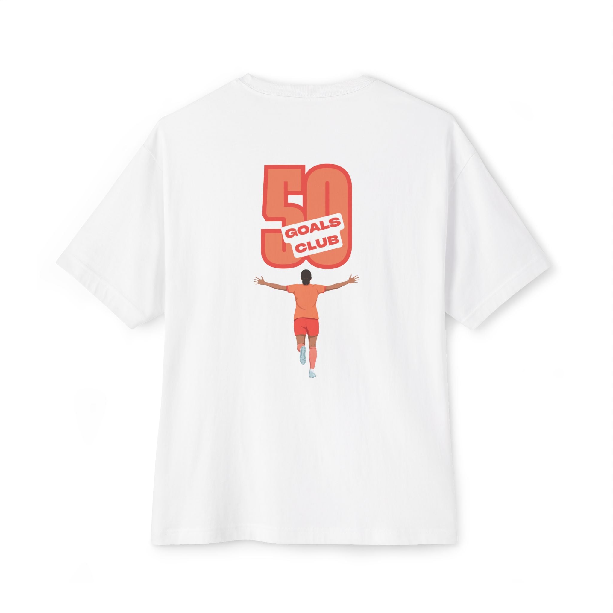 White 'Elite Company Only' boxy t-shirt featuring a 50 Goals Club graphic print on the back