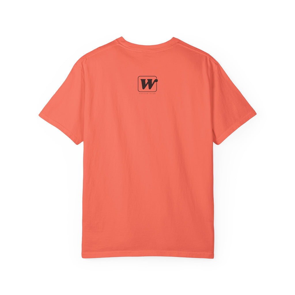 Bright Salmon Denver mountain graphic t-shirt featuring a small W Soccer Club logo on the back.