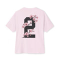 Soft Pink heavyweight boxy t-shirt back view featuring a large number 2 graphic decorated with cherry blossom flowers.
