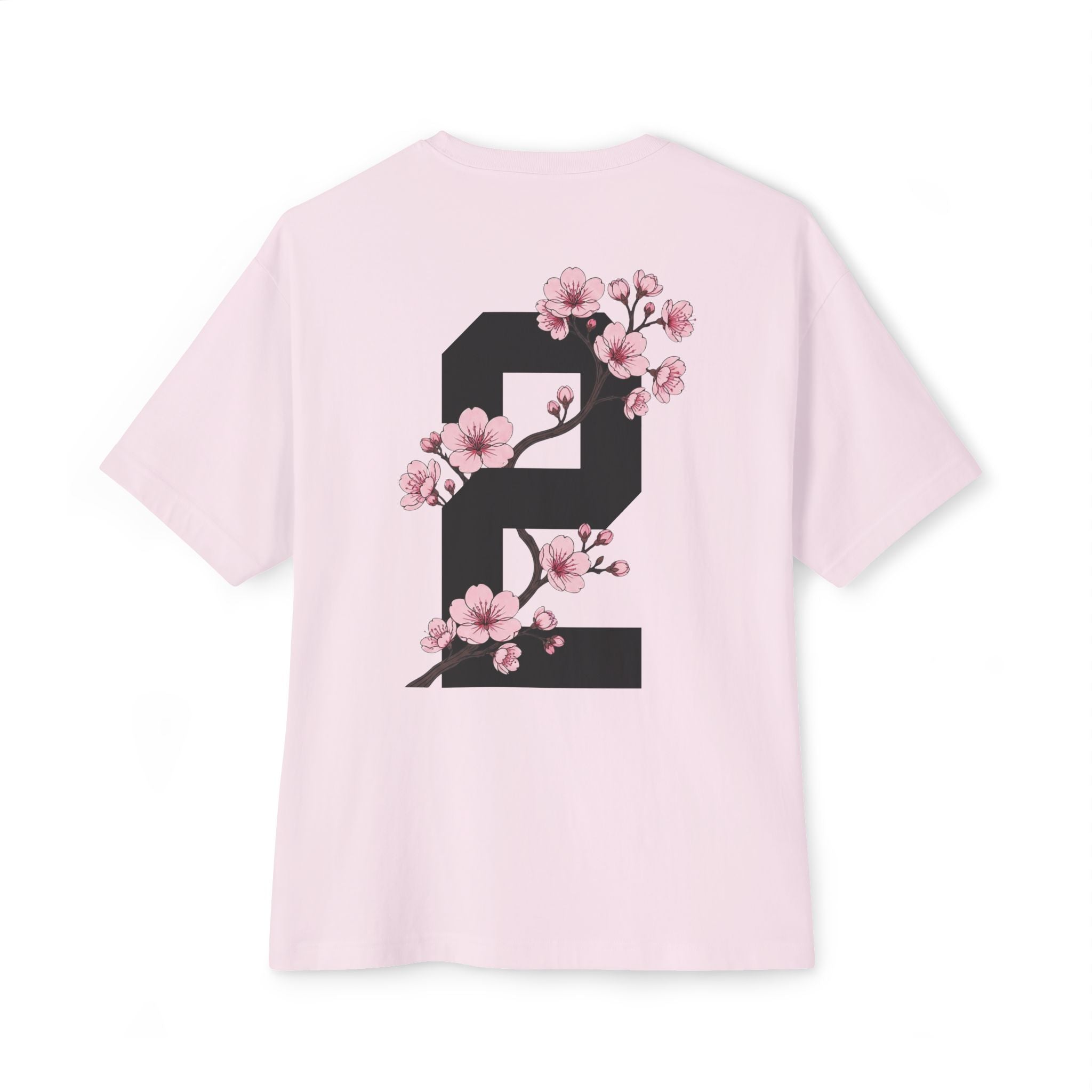 Soft Pink heavyweight boxy t-shirt back view featuring a large number 2 graphic decorated with cherry blossom flowers.