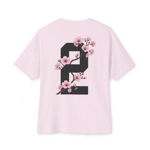 Soft Pink heavyweight boxy t-shirt back view featuring a large number 2 graphic decorated with cherry blossom flowers.