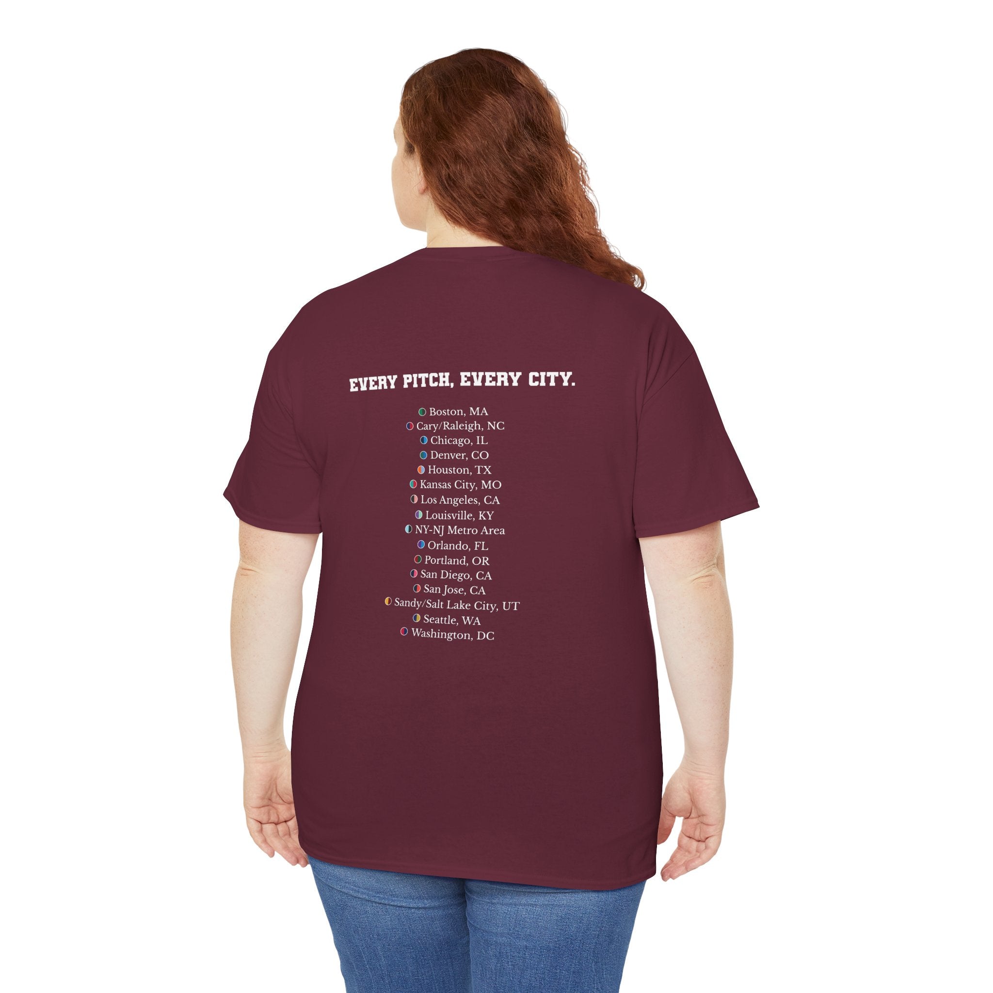 Maroon Take Over Every City Pro League T-Shirt flat lay on a solid background.