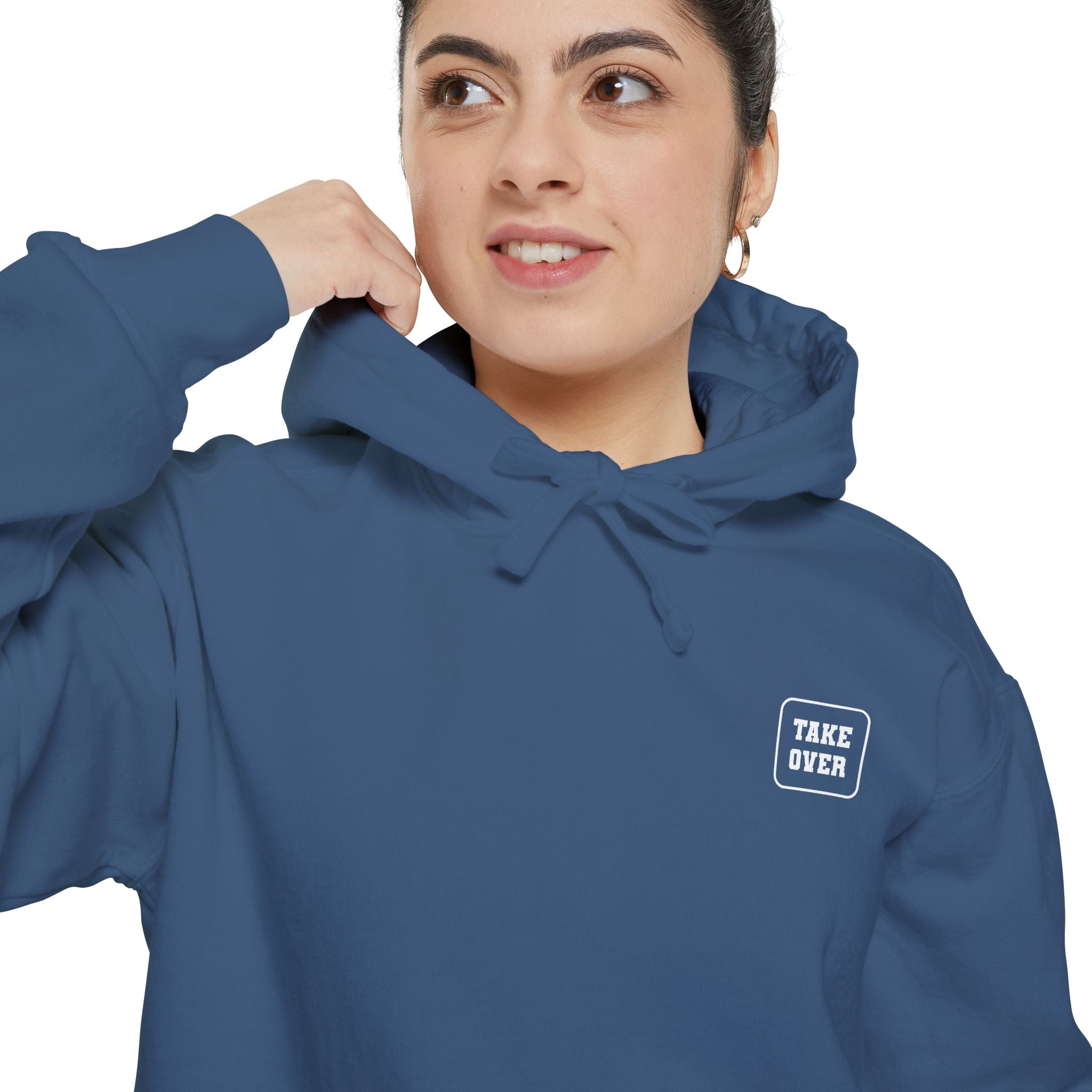 True Navy hoodie with chest logo on the front and list of cities on the back