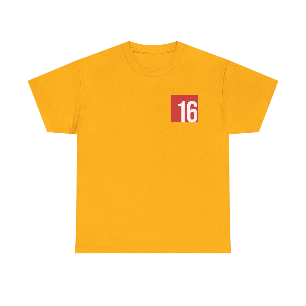 Gold Nutmeg Duchess t-shirt with a framed red rose graphic and vintage soccer street style typography