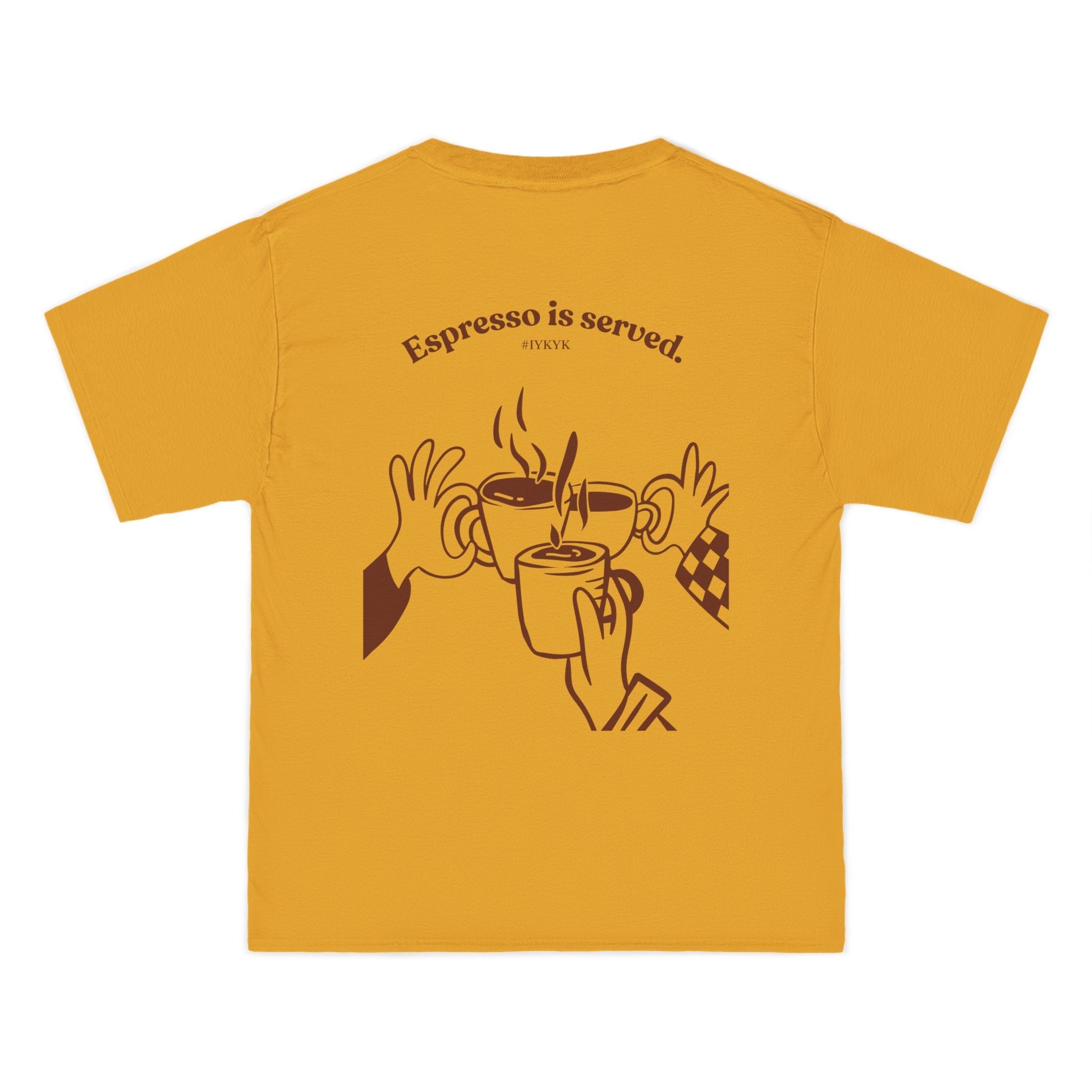 Gold W-League t-shirt featuring a front pocket W logo and back Espresso is served graphic with three clinking coffee mugs