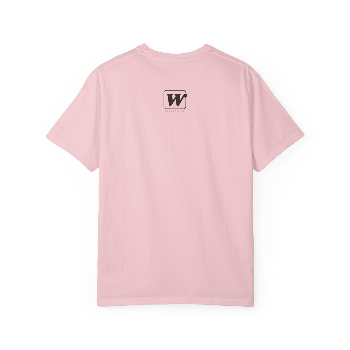 Blossom pink garment-dyed t-shirt back view featuring a small W Soccer Club logo