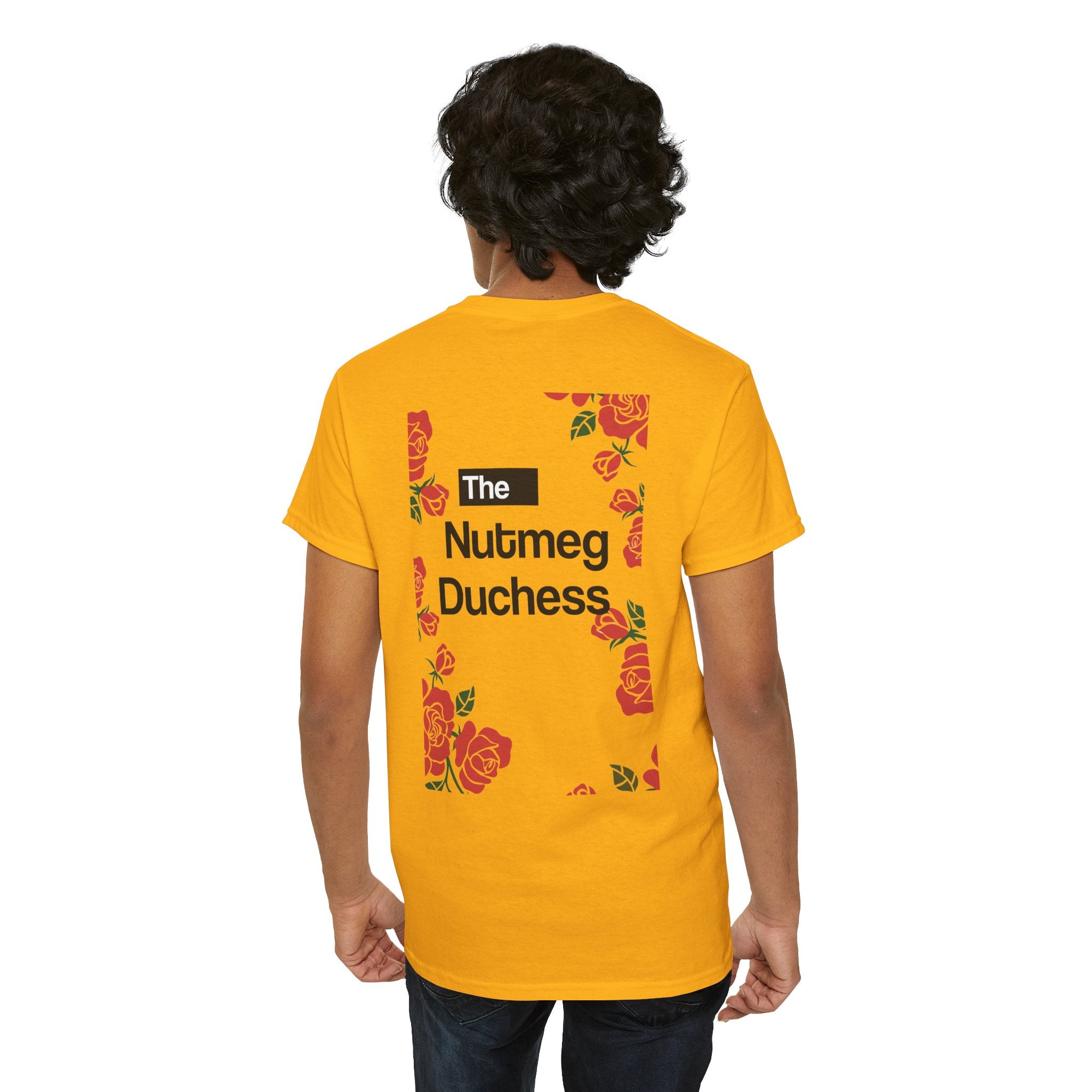 Gold Nutmeg Duchess t-shirt with a framed red rose graphic and vintage soccer street style typography