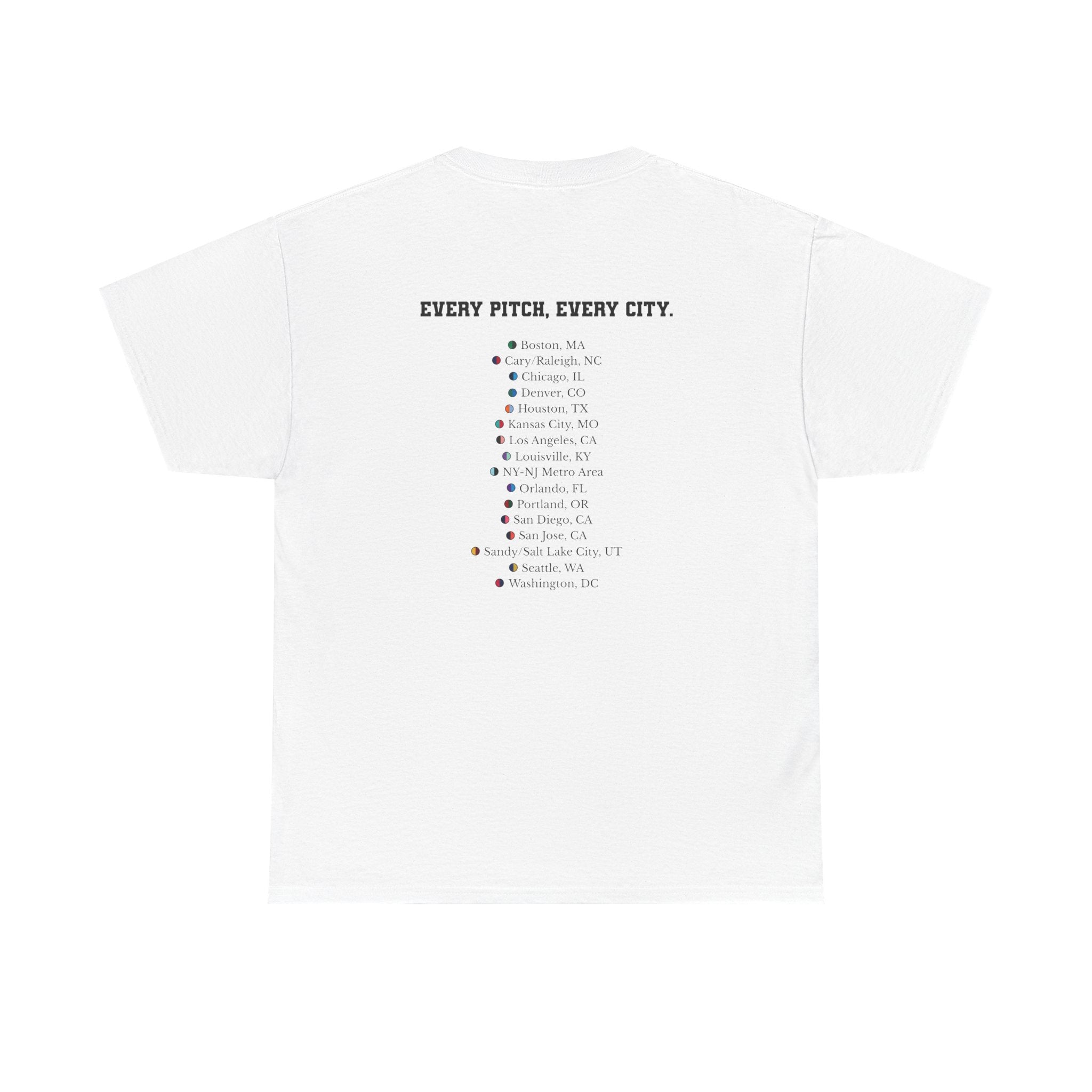 White Take Over Every City Pro League T-Shirt flat lay on a solid background.
