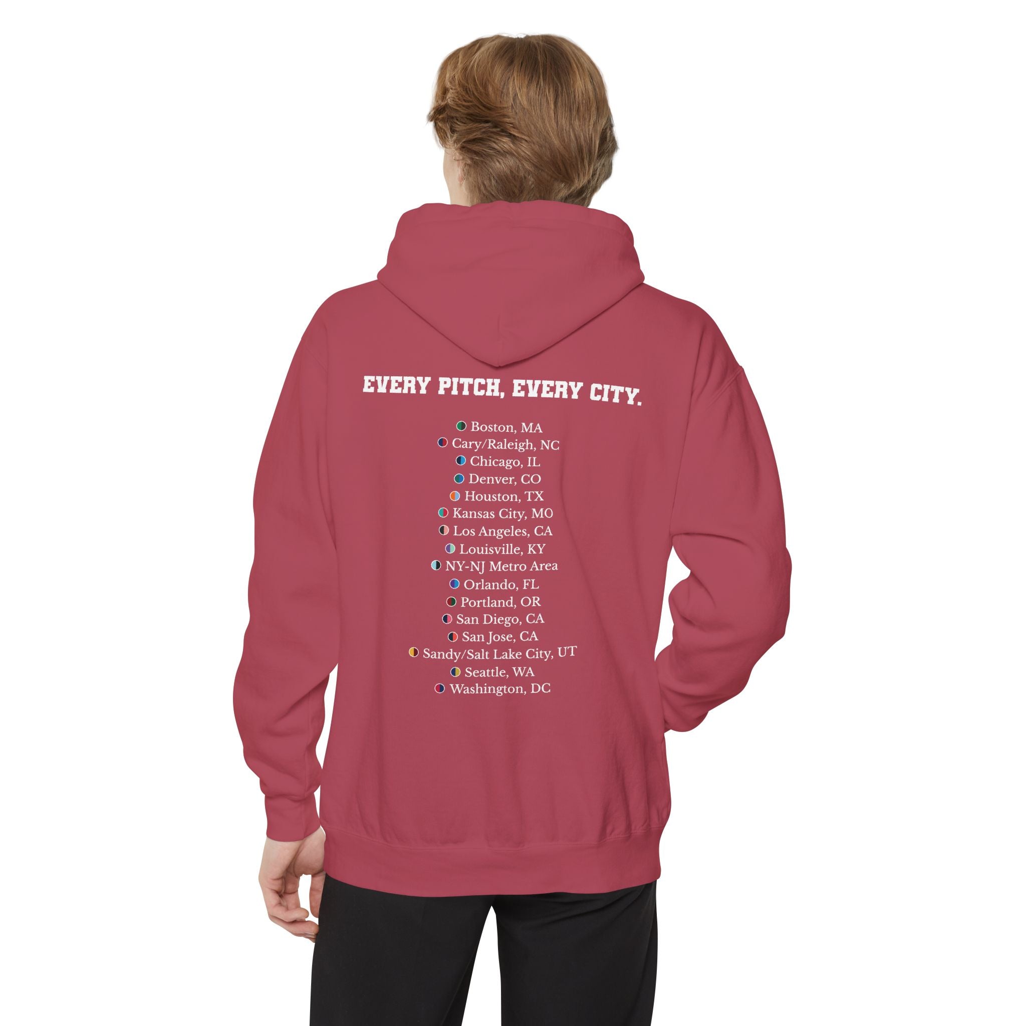 Crimson hoodie with chest logo on the front and list of cities on the back