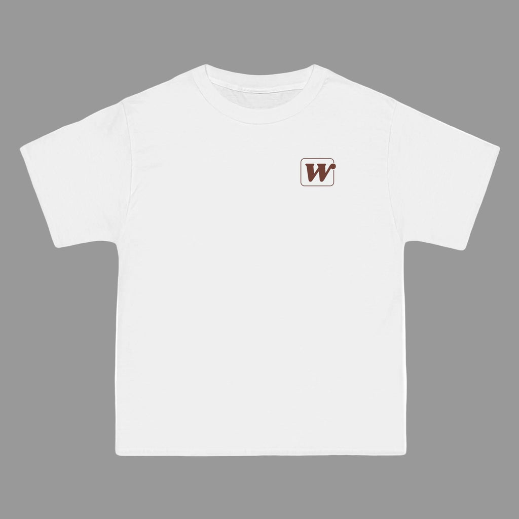 White W-League t-shirt featuring a front pocket W logo and back Espresso is served graphic with three clinking coffee mugs