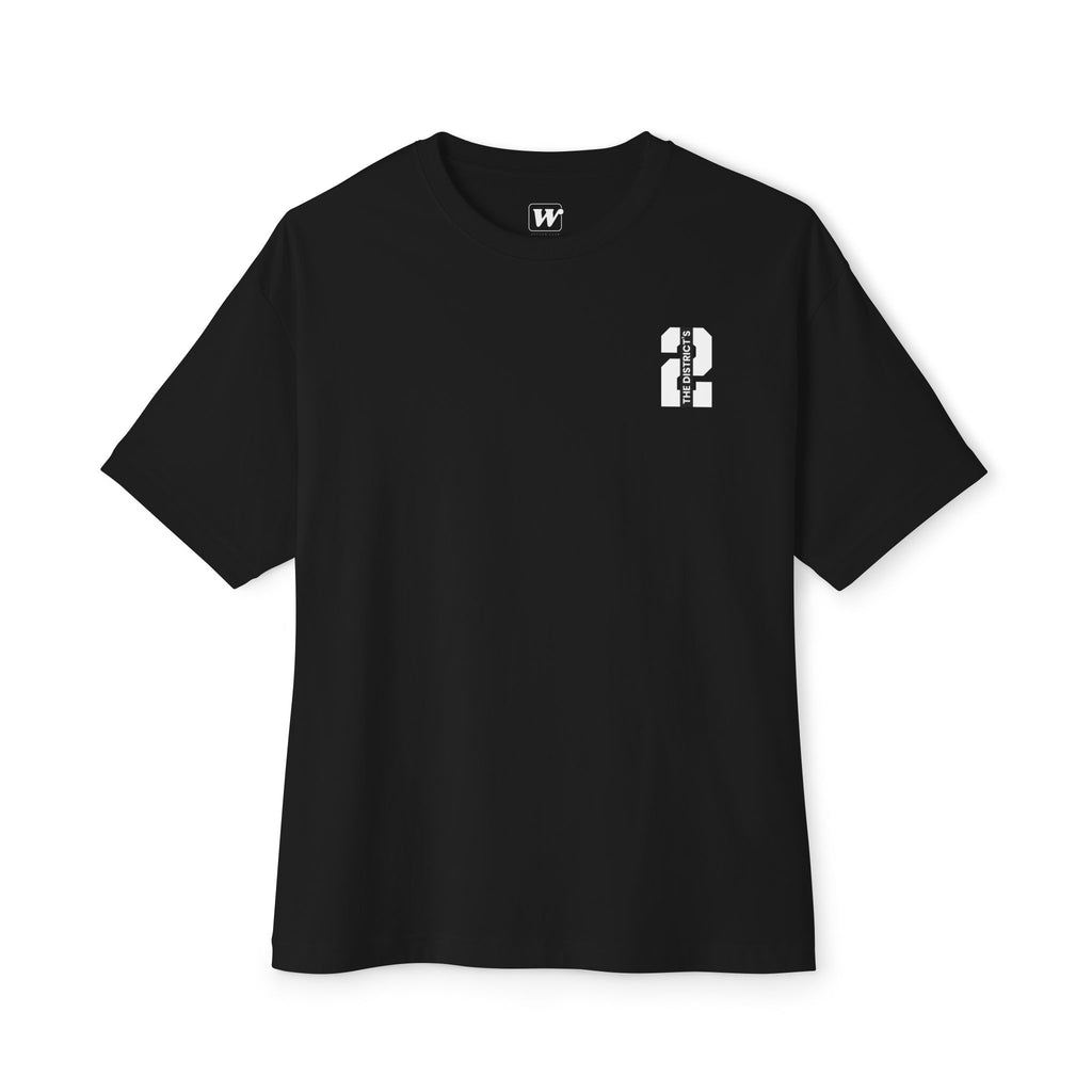 Black heavyweight boxy t-shirt front view featuring a minimal "The District's 2" graphic printed on the left chest.