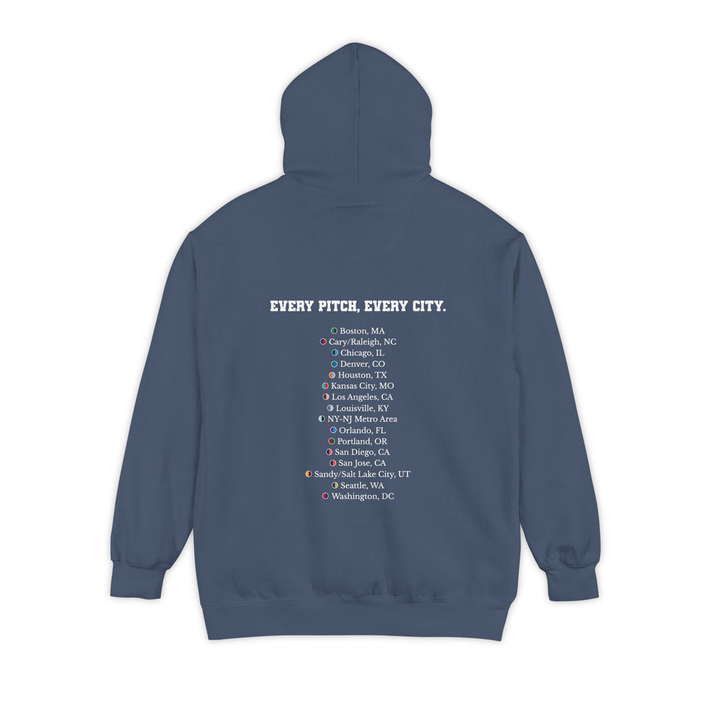 Denim colored hoodie with chest logo on the front and list of cities on the back