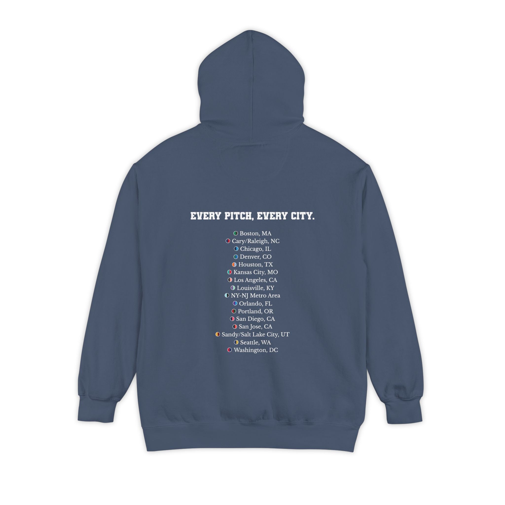 Denim colored hoodie with chest logo on the front and list of cities on the back