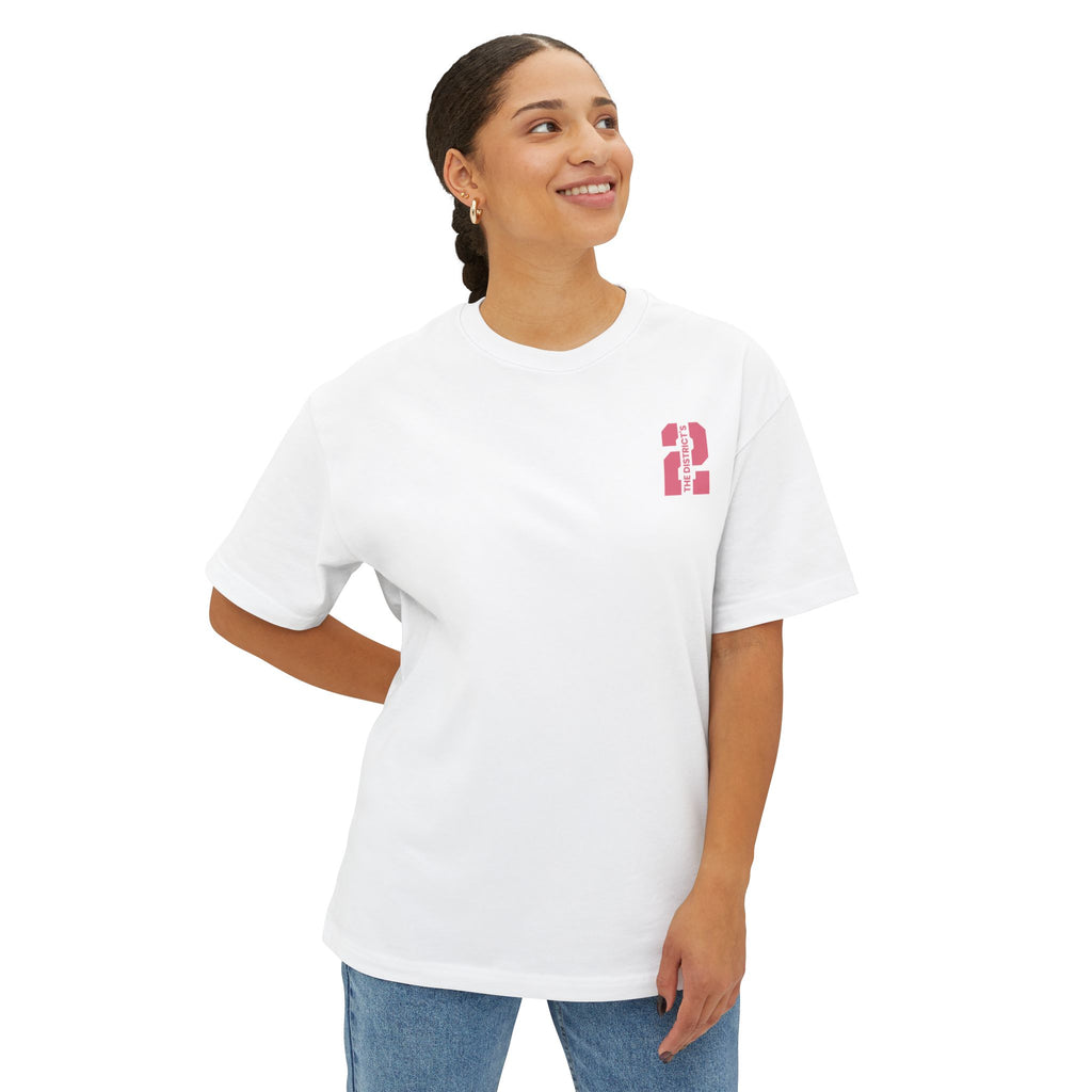 White heavyweight boxy t-shirt front view featuring a minimal "The District's 2" graphic printed on the left chest.