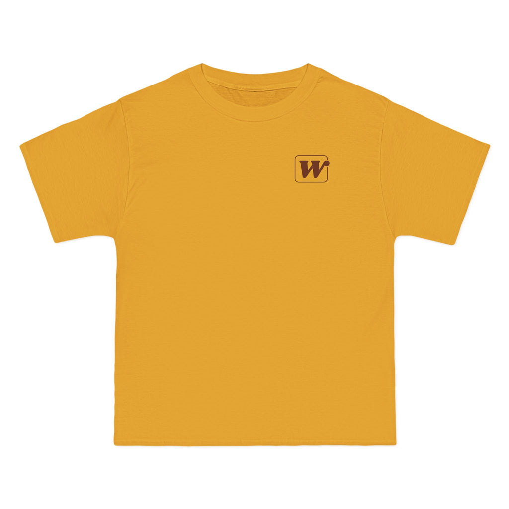 Gold W-League t-shirt featuring a front pocket W logo and back Espresso is served graphic with three clinking coffee mugs