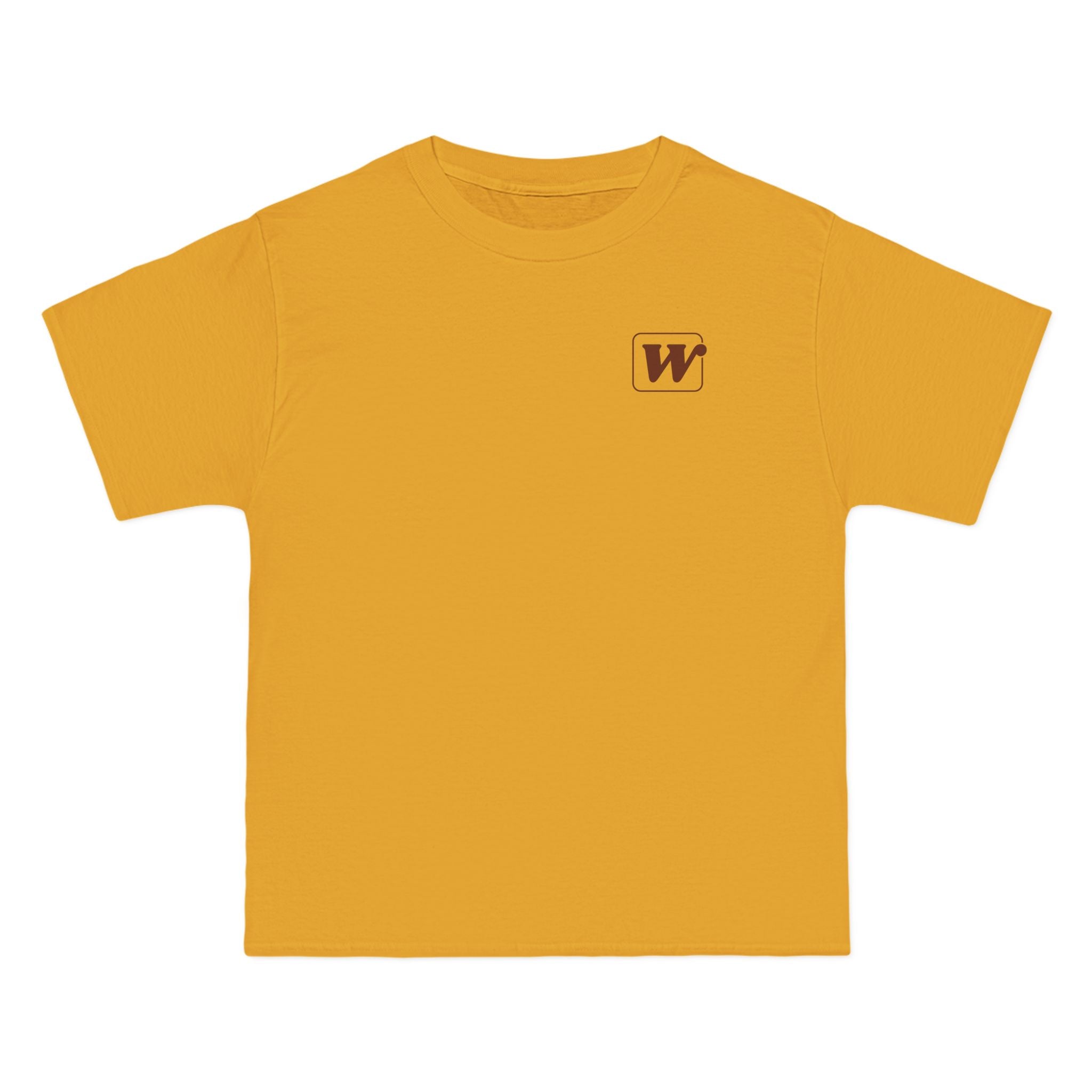 Gold W-League t-shirt featuring a front pocket W logo and back Espresso is served graphic with three clinking coffee mugs