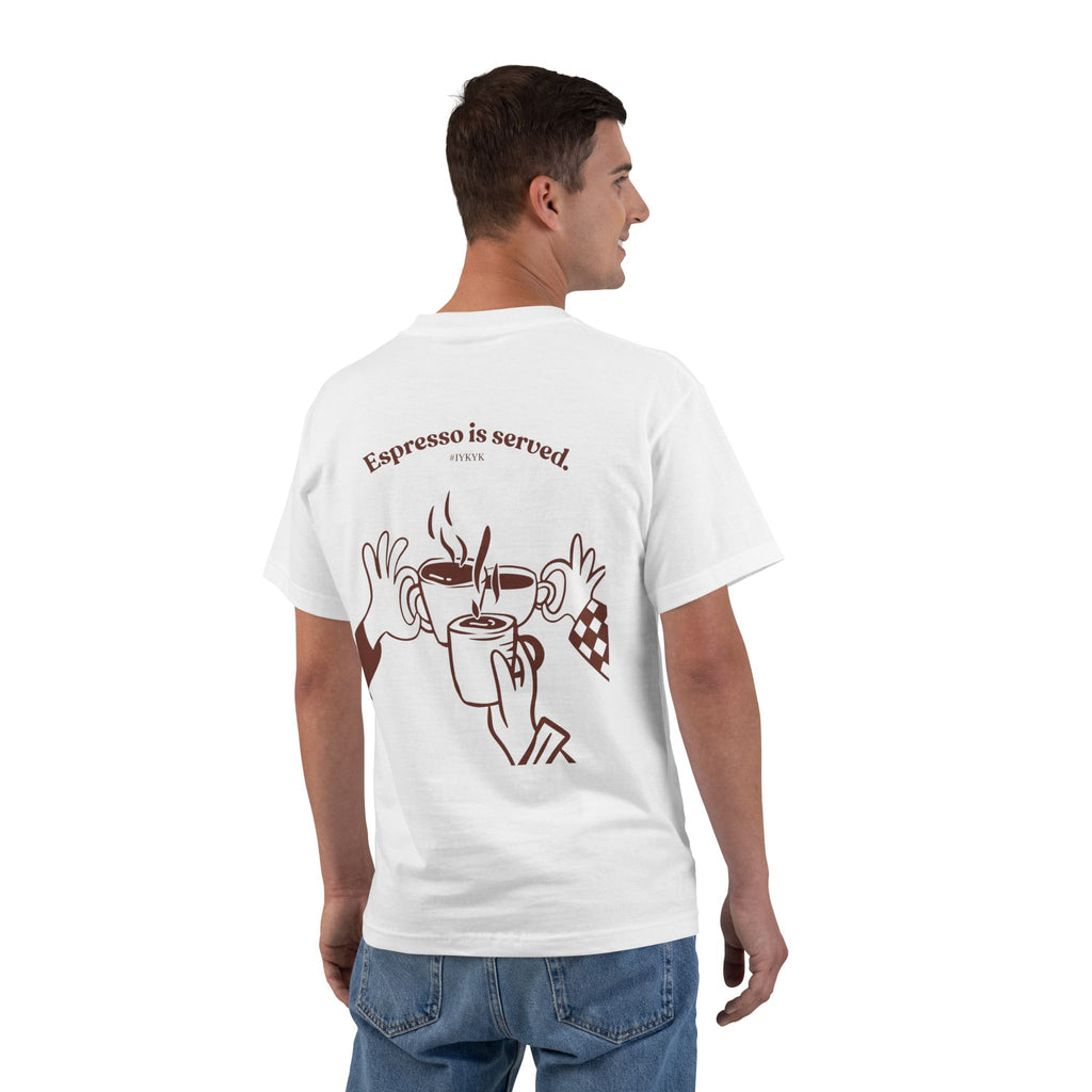 White W-League t-shirt featuring a front pocket W logo and back Espresso is served graphic with three clinking coffee mugs