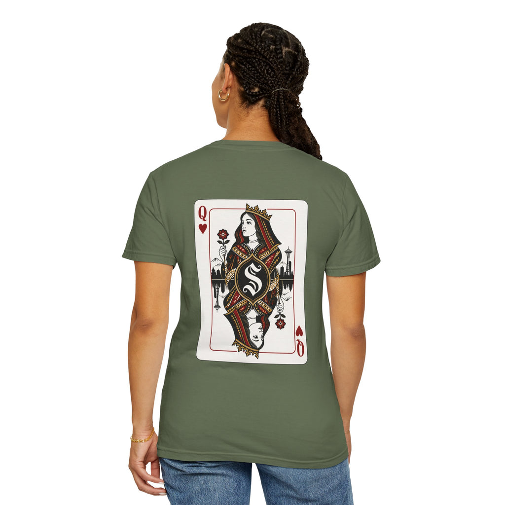 Sage green heavyweight garment-dyed t-shirt back view featuring a large custom Queen of Hearts playing card graphic with a Seattle skyline silhouette.