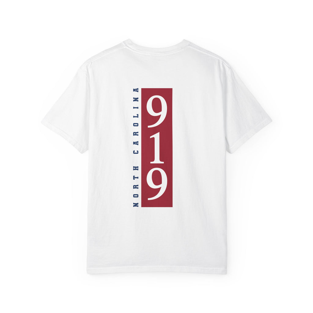 White t-shirt back view featuring a large vertical red 919 graphic with North Carolina script.