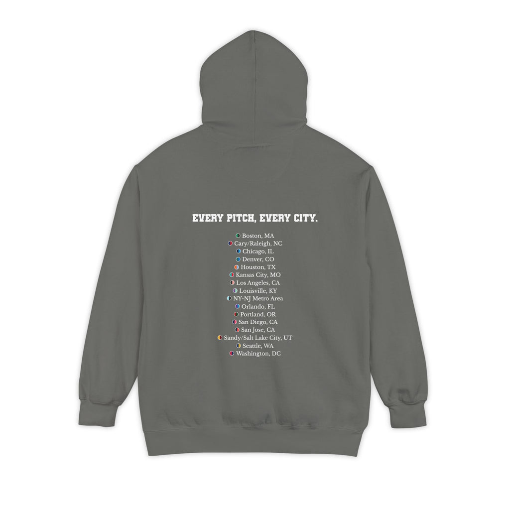 Grey hoodie with chest logo on the front and list of cities on the back