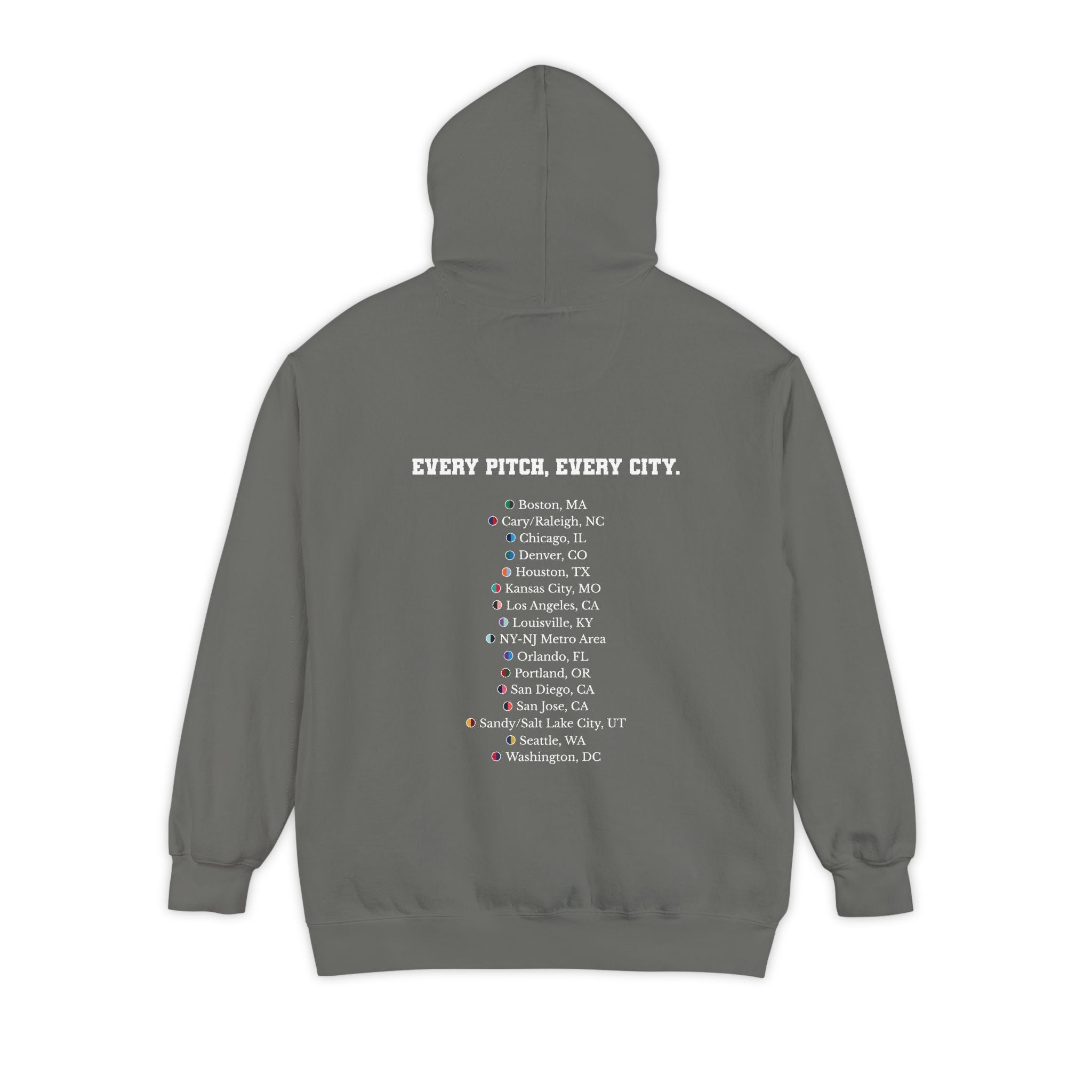 Grey hoodie with chest logo on the front and list of cities on the back