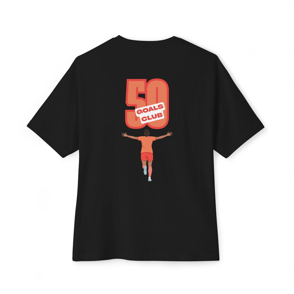 Black 'Elite Company Only' boxy t-shirt featuring a 50 Goals Club graphic print on the back