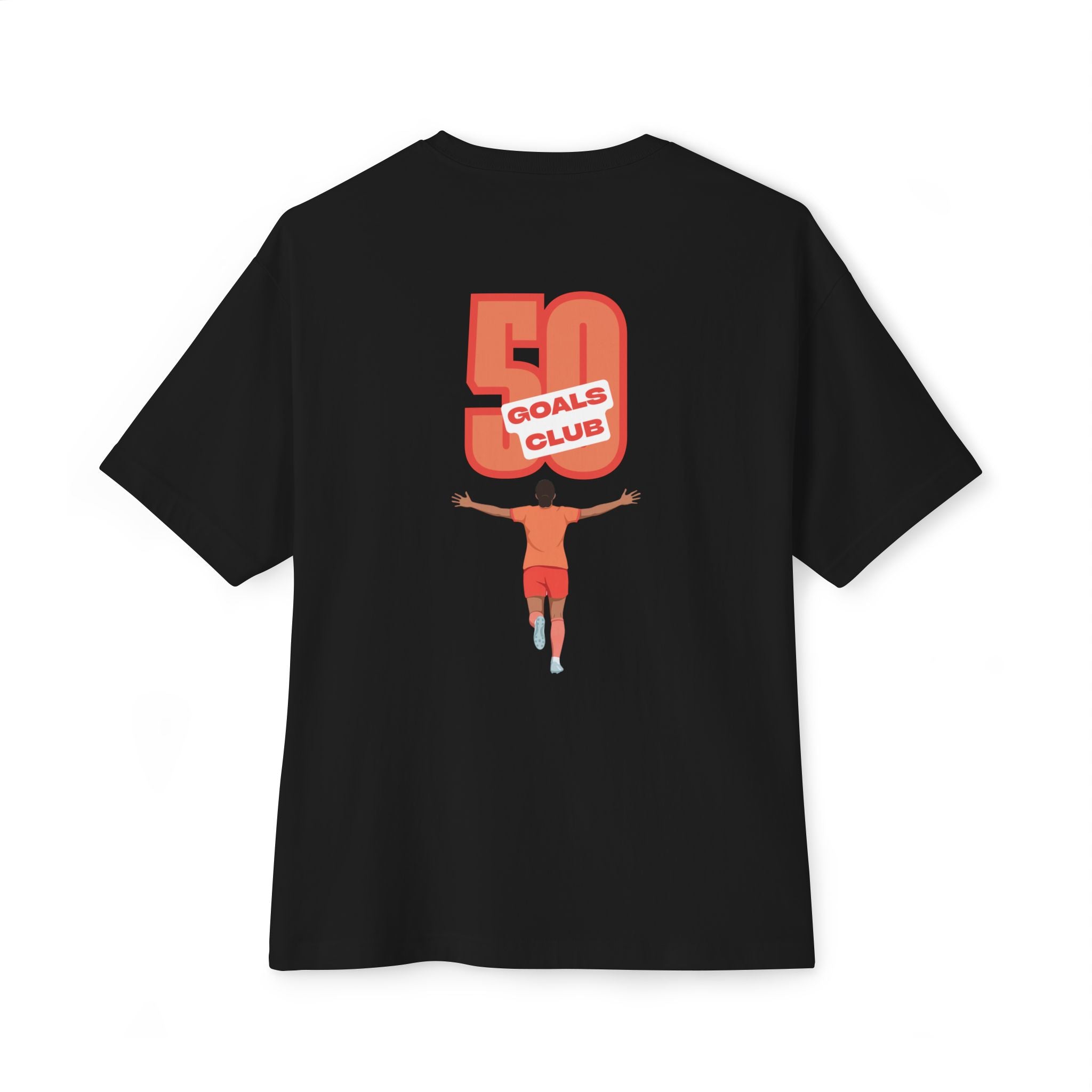Black 'Elite Company Only' boxy t-shirt featuring a 50 Goals Club graphic print on the back