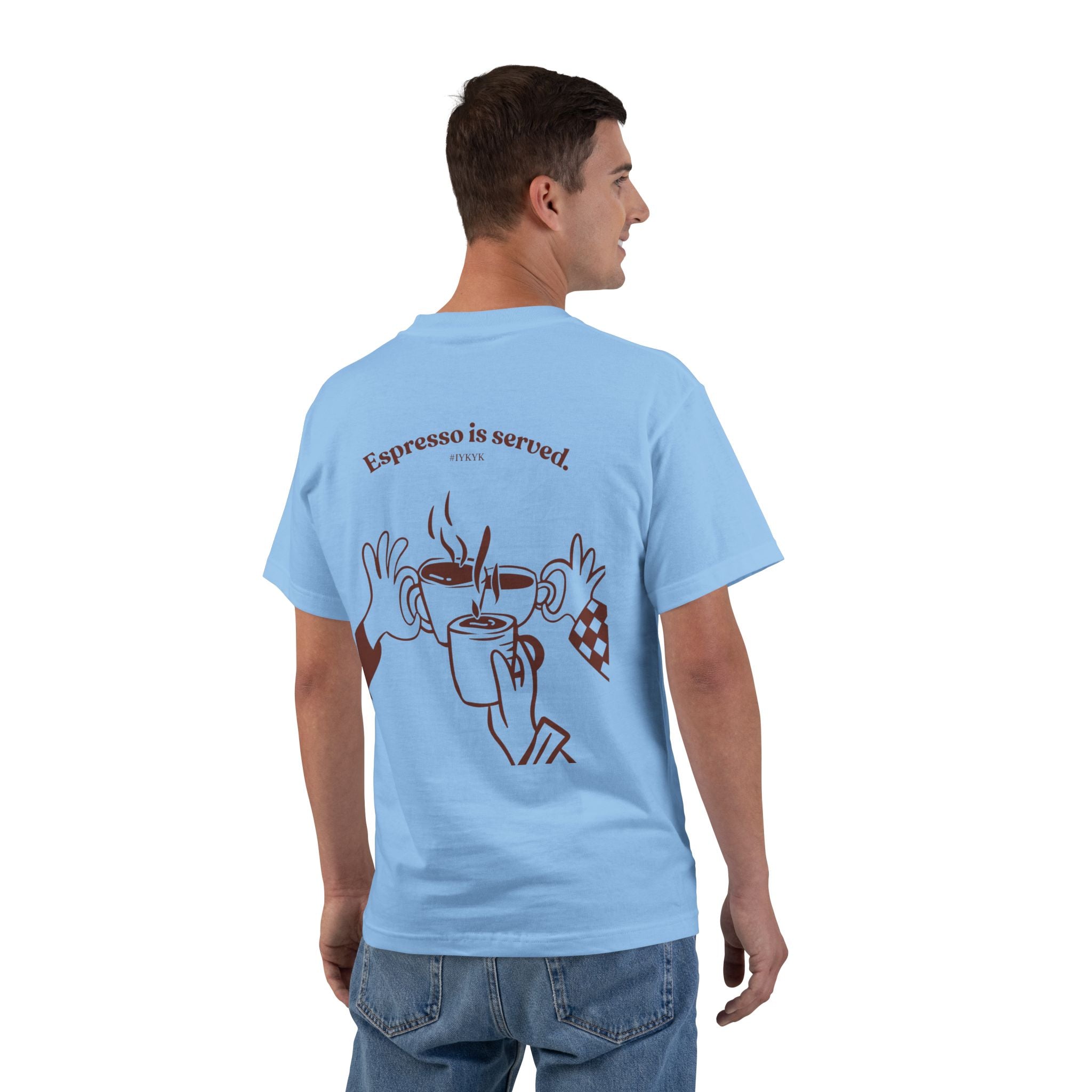 Light Blue W-League t-shirt featuring a front pocket W logo and back Espresso is served graphic with three clinking coffee mugs