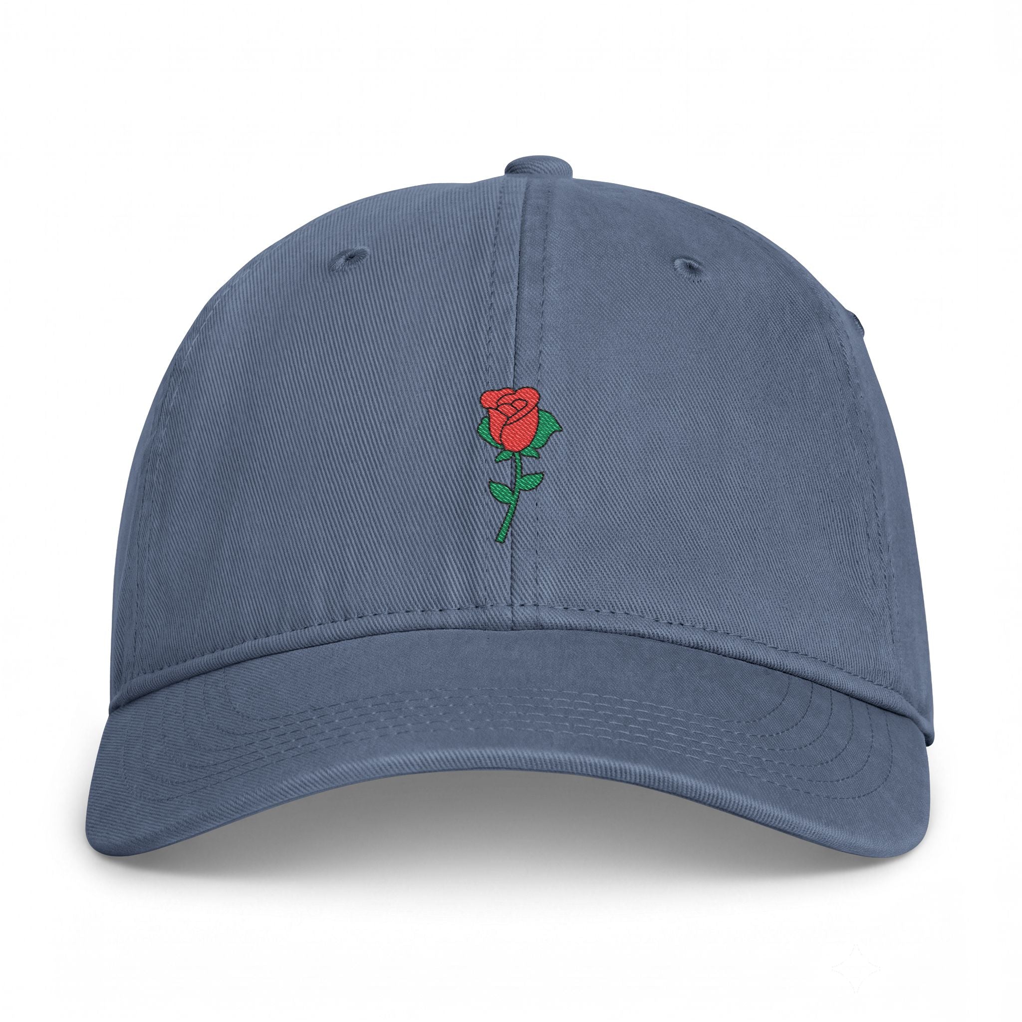 Blue jean Nutmeg Duchess rose graphic dad hat featuring a vintage style embroidered red rose motif and classic fit