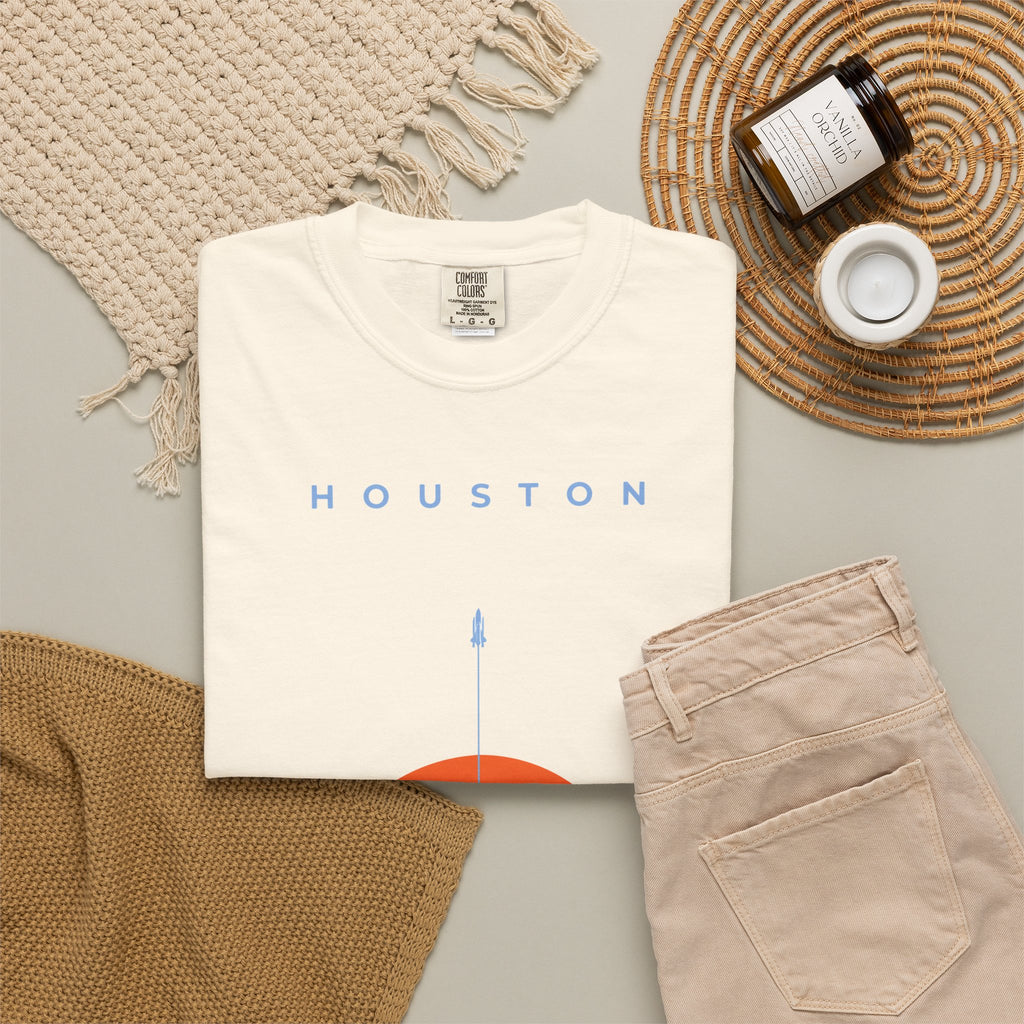 Ivory front detail of retro Houston soccer shirt featuring minimalist sunset graphic