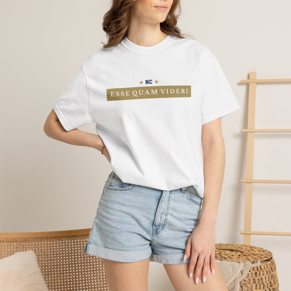 White garment-dyed t-shirt front view featuring 'ESSE QUAM VIDERI' text in a horizontal chest bar.