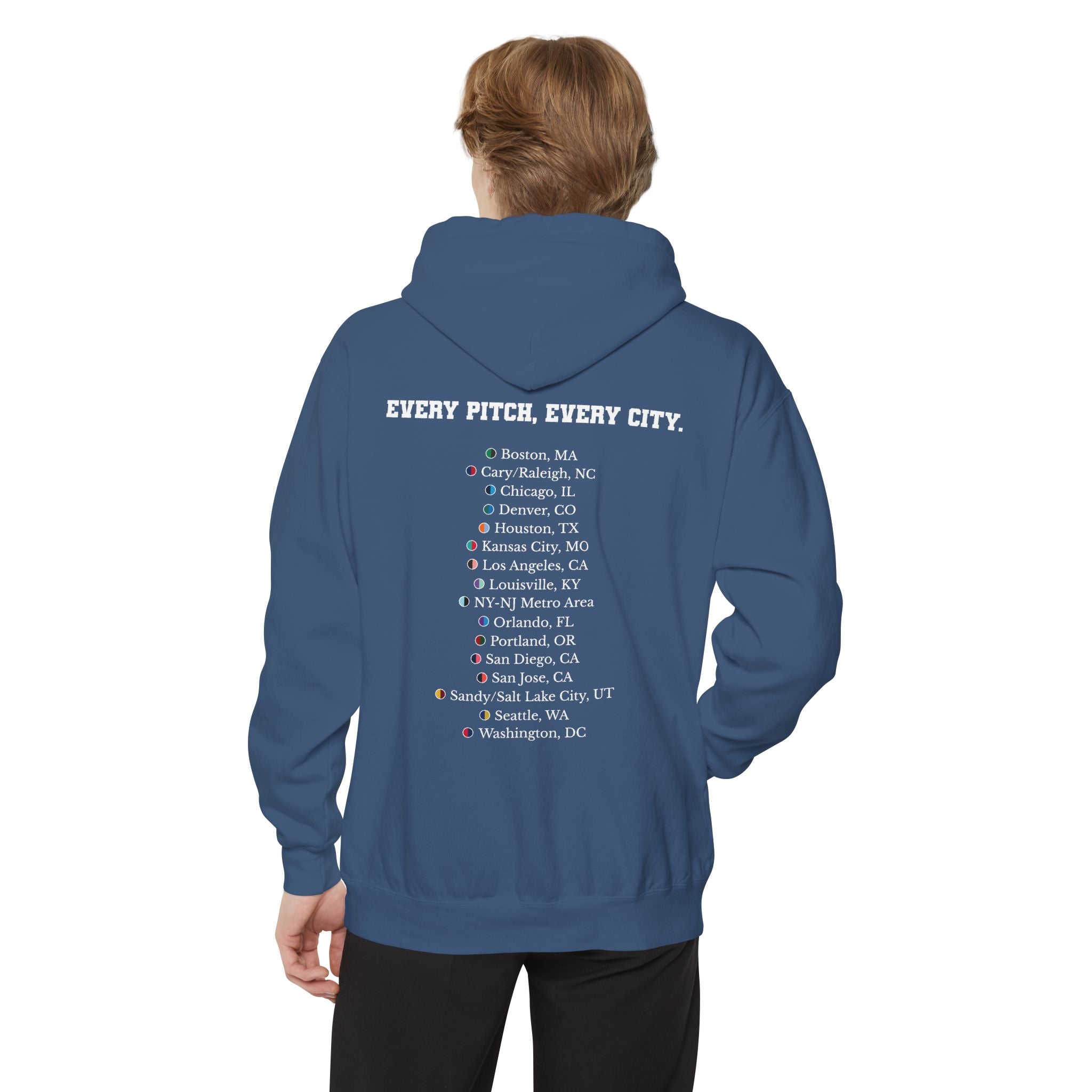 True Navy hoodie with chest logo on the front and list of cities on the back