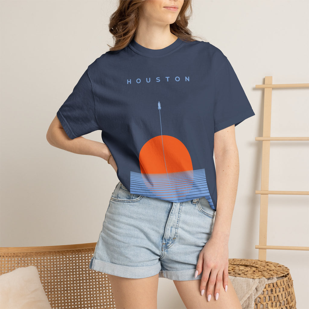 Midnight Houston Space City Sunset Soccer Graphic Tee being worn on a model