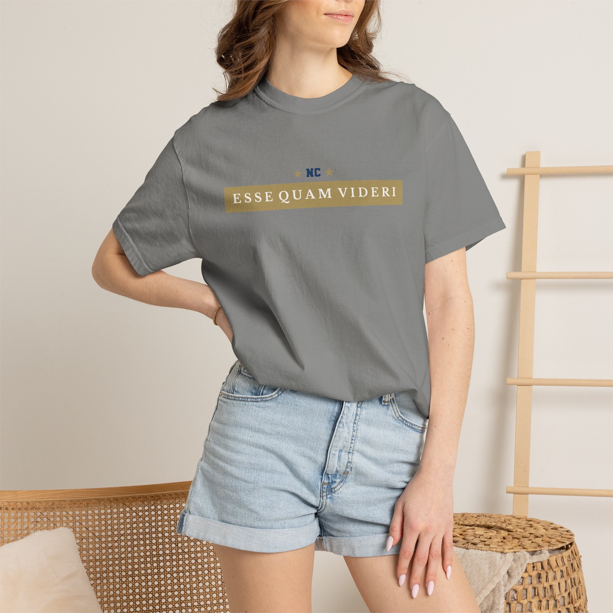 Granite gray garment-dyed t-shirt front view featuring 'ESSE QUAM VIDERI' state motto in a gold chest bar graphic.