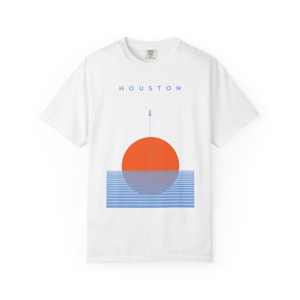 White front detail of retro Houston soccer shirt featuring minimalist sunset graphic