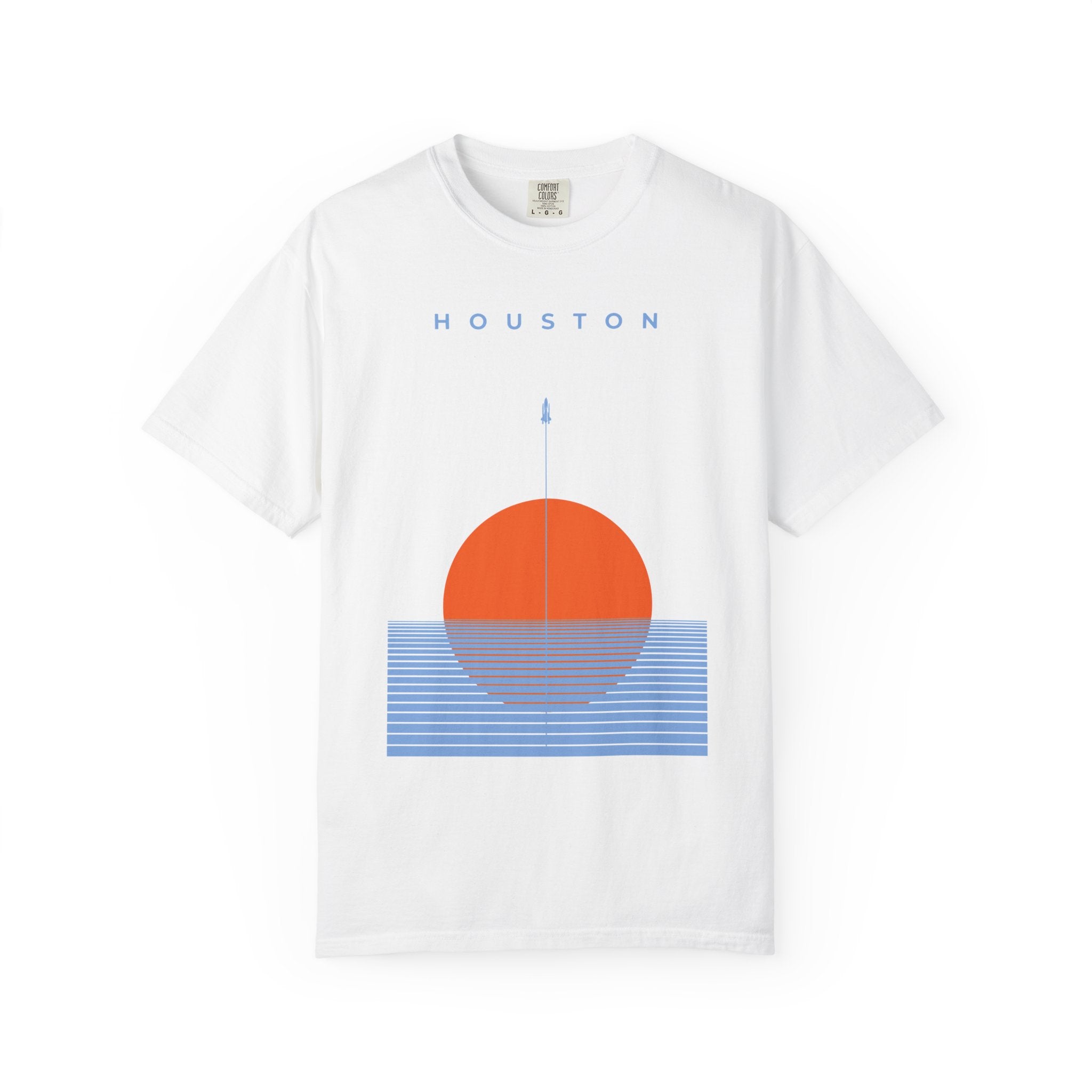 White front detail of retro Houston soccer shirt featuring minimalist sunset graphic