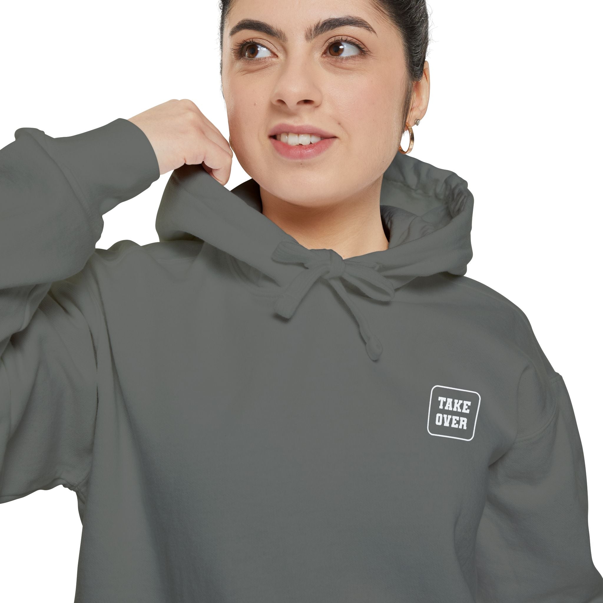 Grey hoodie with chest logo on the front and list of cities on the back