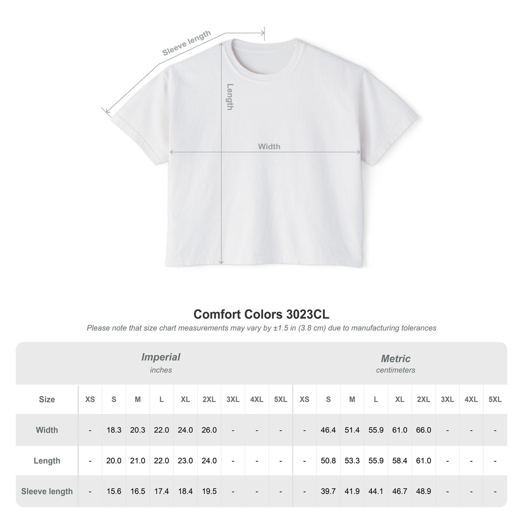 Women's sports culture boxy fit t-shirt size chart in Chalky Mint, Black, Ivory, Peachy